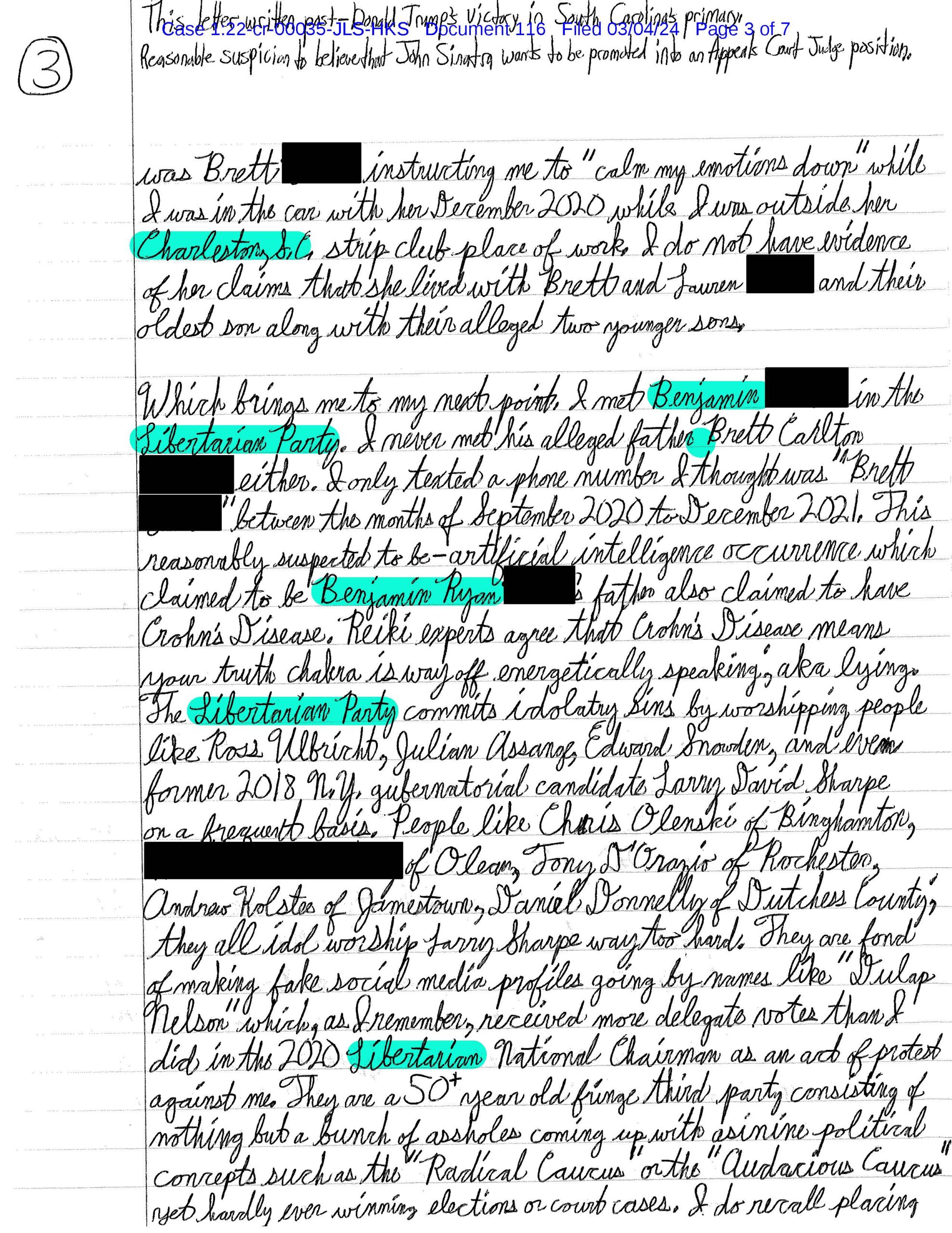 Page 3 of Luke Wenke’s March 4, 2024 letter discussing Benjamin Ryan Teeter, the Libertarian Party, alleged fake identities, and artificial intelligence.