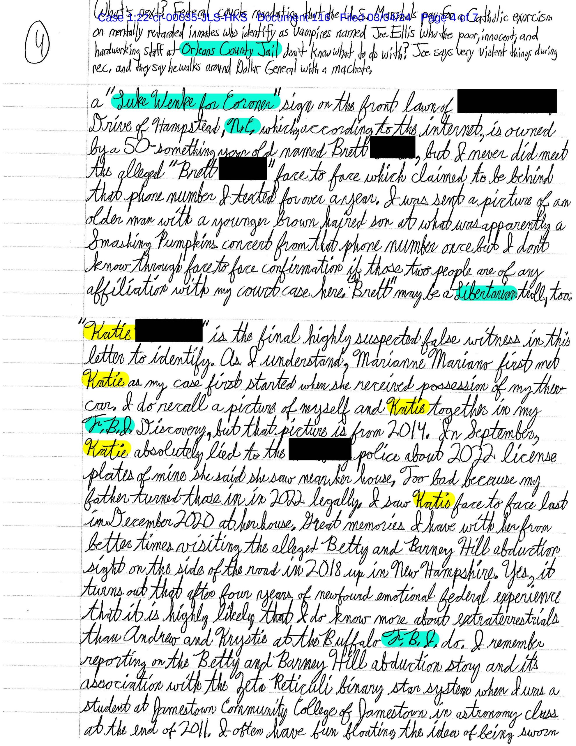 Page 4 of Luke Wenke’s March 4, 2024 letter discussing alleged false witnesses, a coronavirus sign, Hampstead, North Carolina, and other claims.