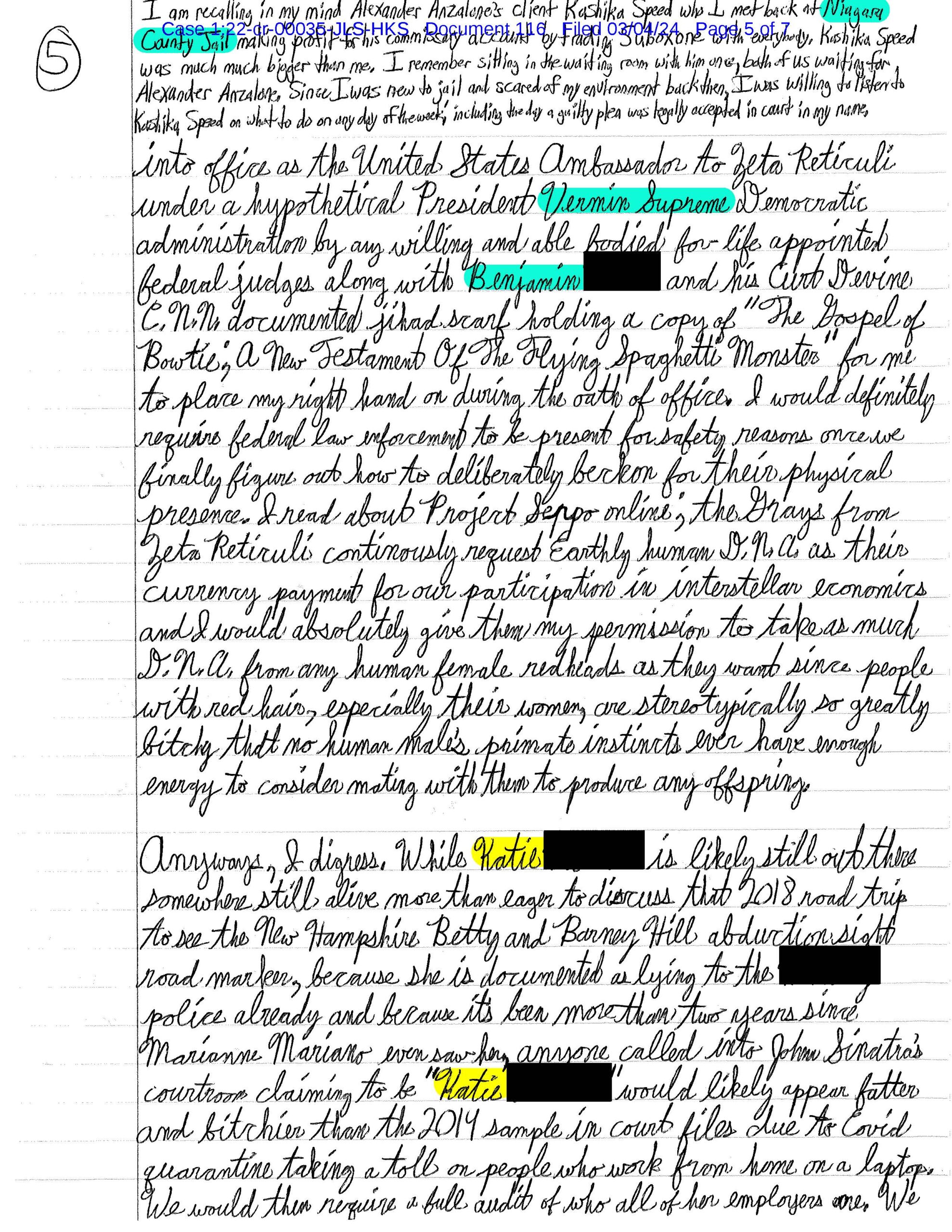 Page 5 of Luke Wenke’s March 4, 2024 letter discussing Project Serpo, Zeta Reticuli, aliens, federal judges, and alleged impersonation.