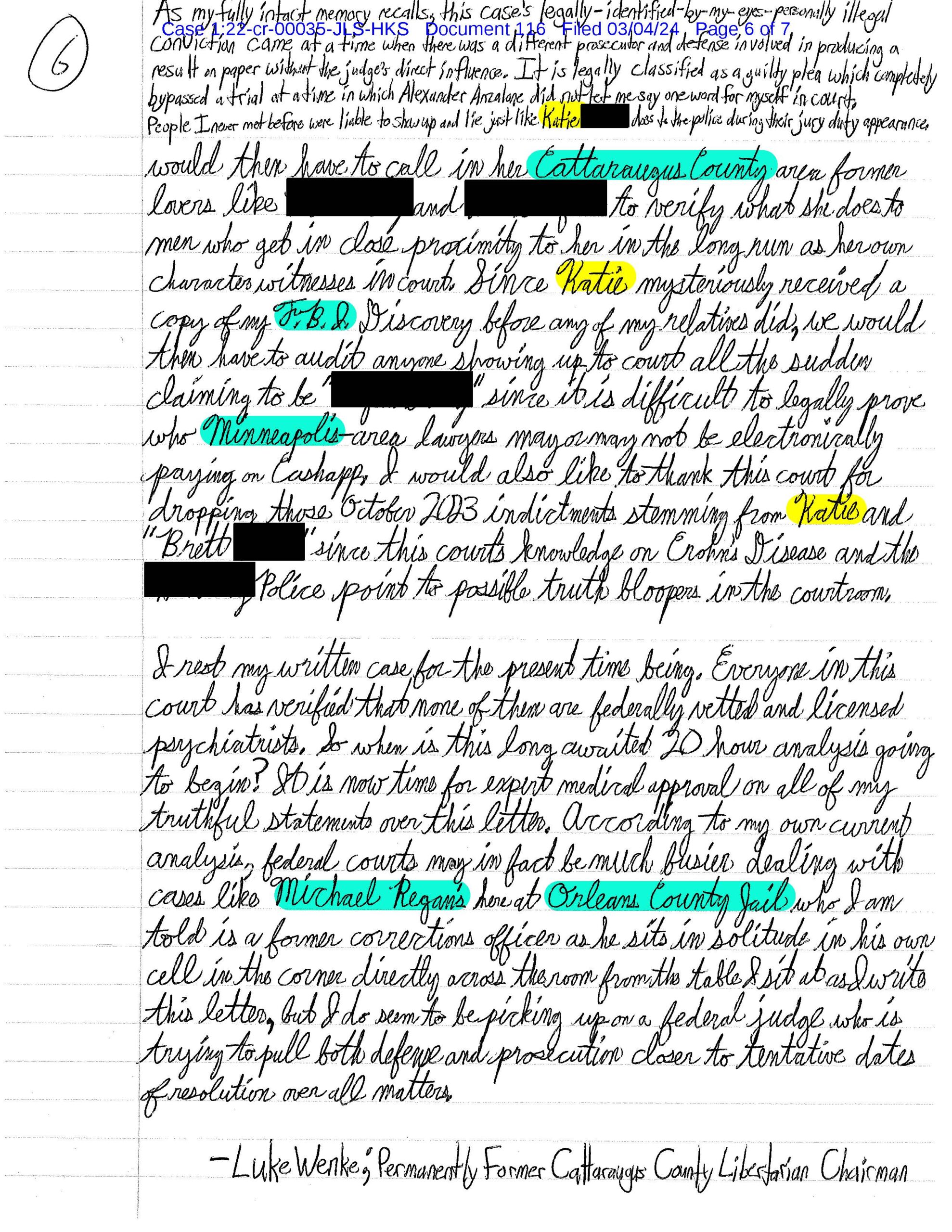 Page 6 of Luke Wenke’s March 4, 2024 letter discussing alleged court witnesses, psychiatrists, Cattaraugus County, and his federal case.