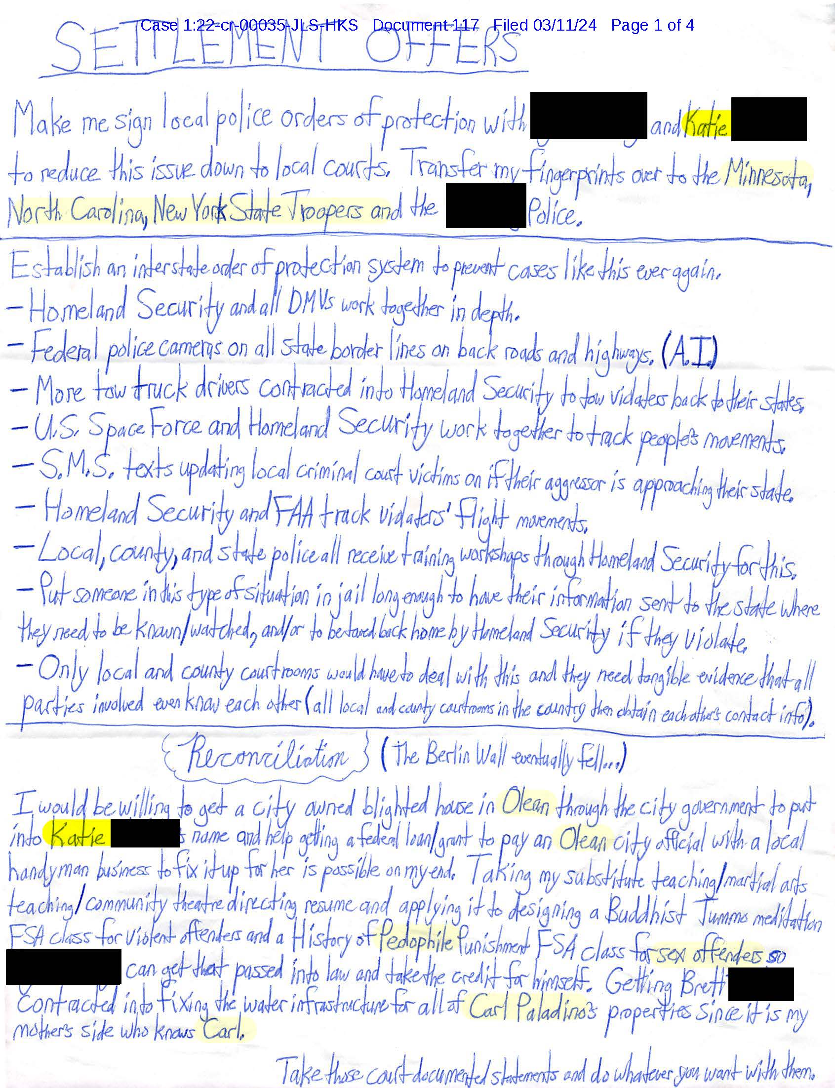Page 1 of Luke Wenke’s March 11, 2024 “Settlement Offers” letter proposing protection orders, interstate tracking, and reconciliation with Katie.