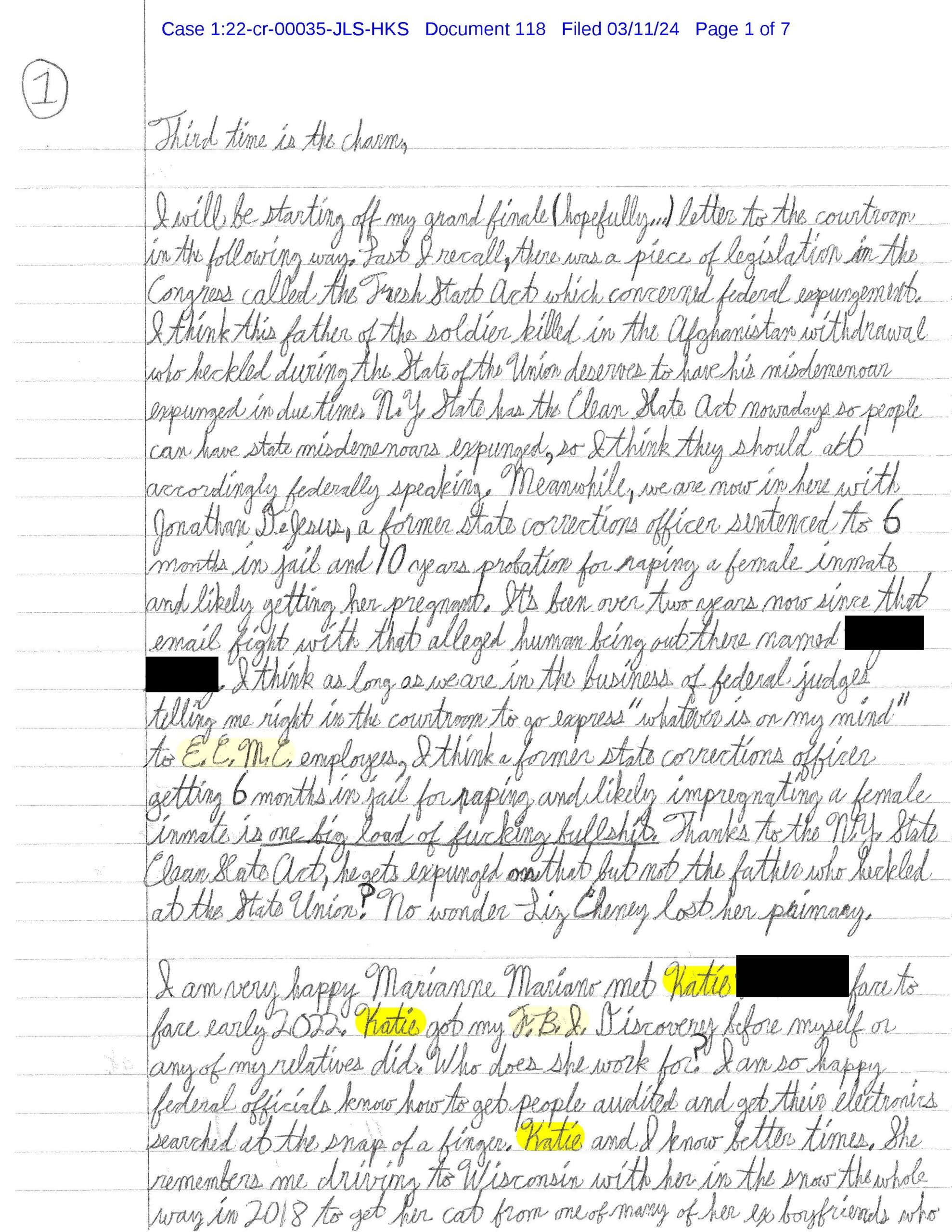 Page 1 of Luke Wenke’s March 11, 2024 letter discussing Katie, federal expungement, court proceedings, and electronic searches.