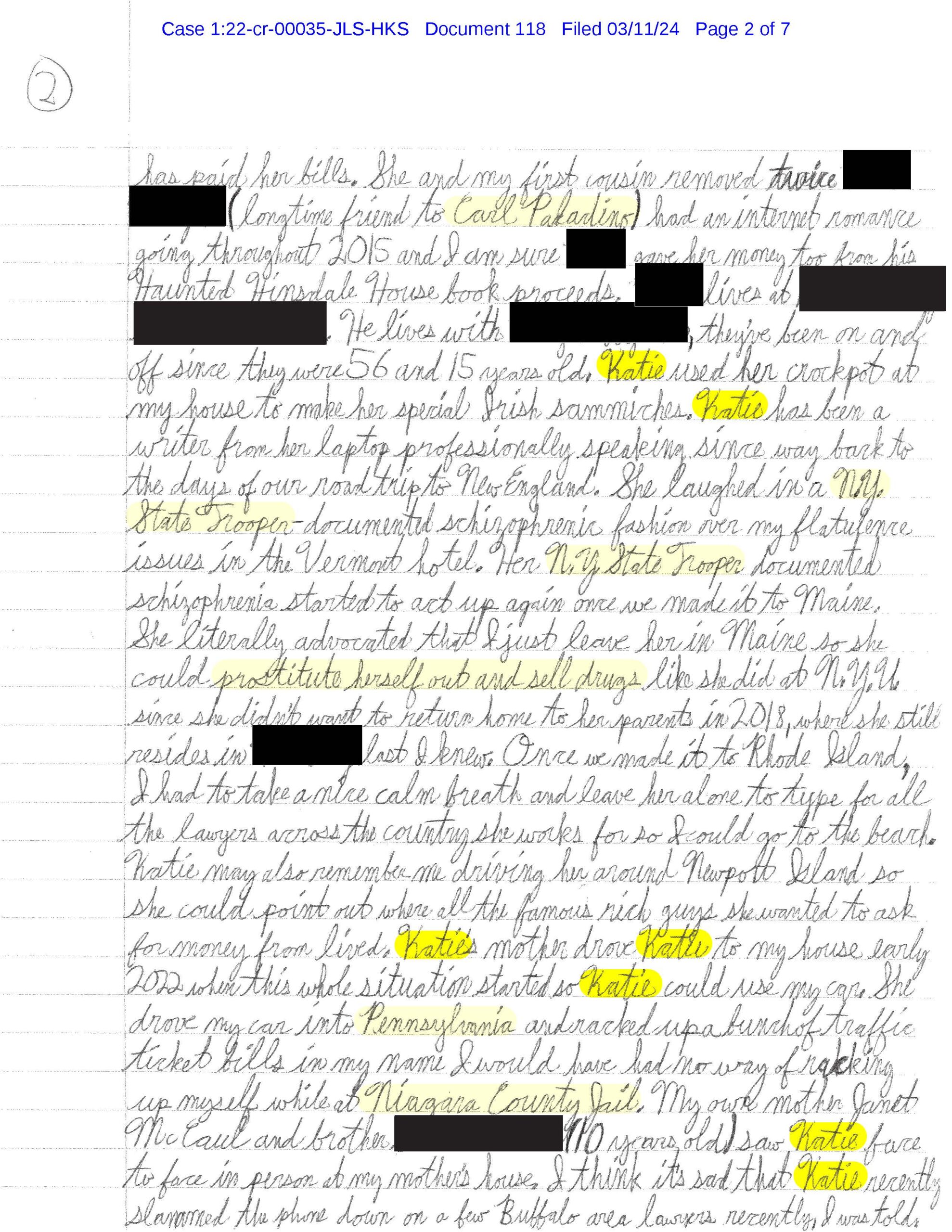 Page 2 of Luke Wenke’s March 11, 2024 letter discussing Katie, her family, their past relationship, travel, and alleged mental health issues.