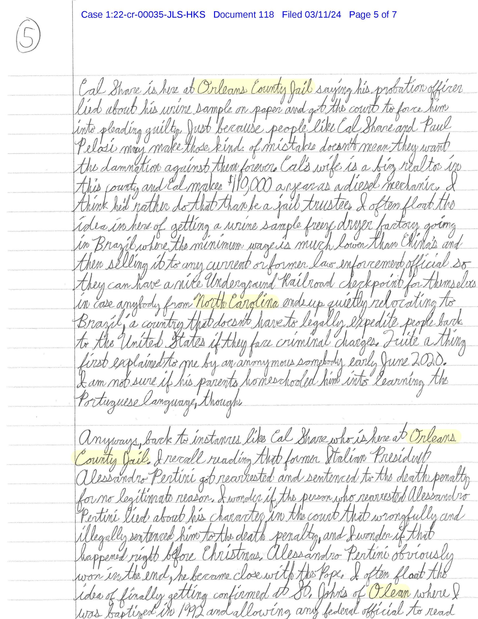 Page 5 of Luke Wenke’s March 11, 2024 letter discussing Orleans County Jail, Brazil, criminal charges, extradition, and the death penalty.