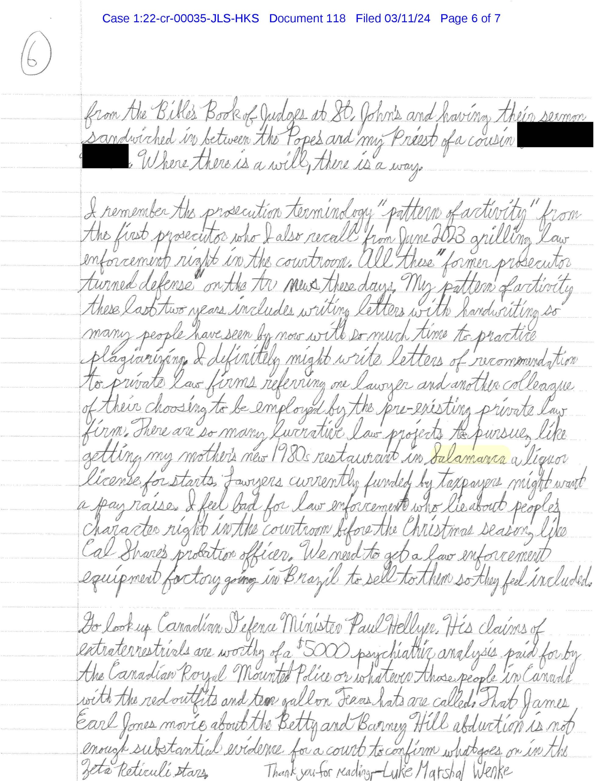 Page 6 of Luke Wenke’s March 11, 2024 letter discussing prosecutors, law enforcement, private law firms, his mother’s restaurant, and Canadian defense minister Paul Hellyer.