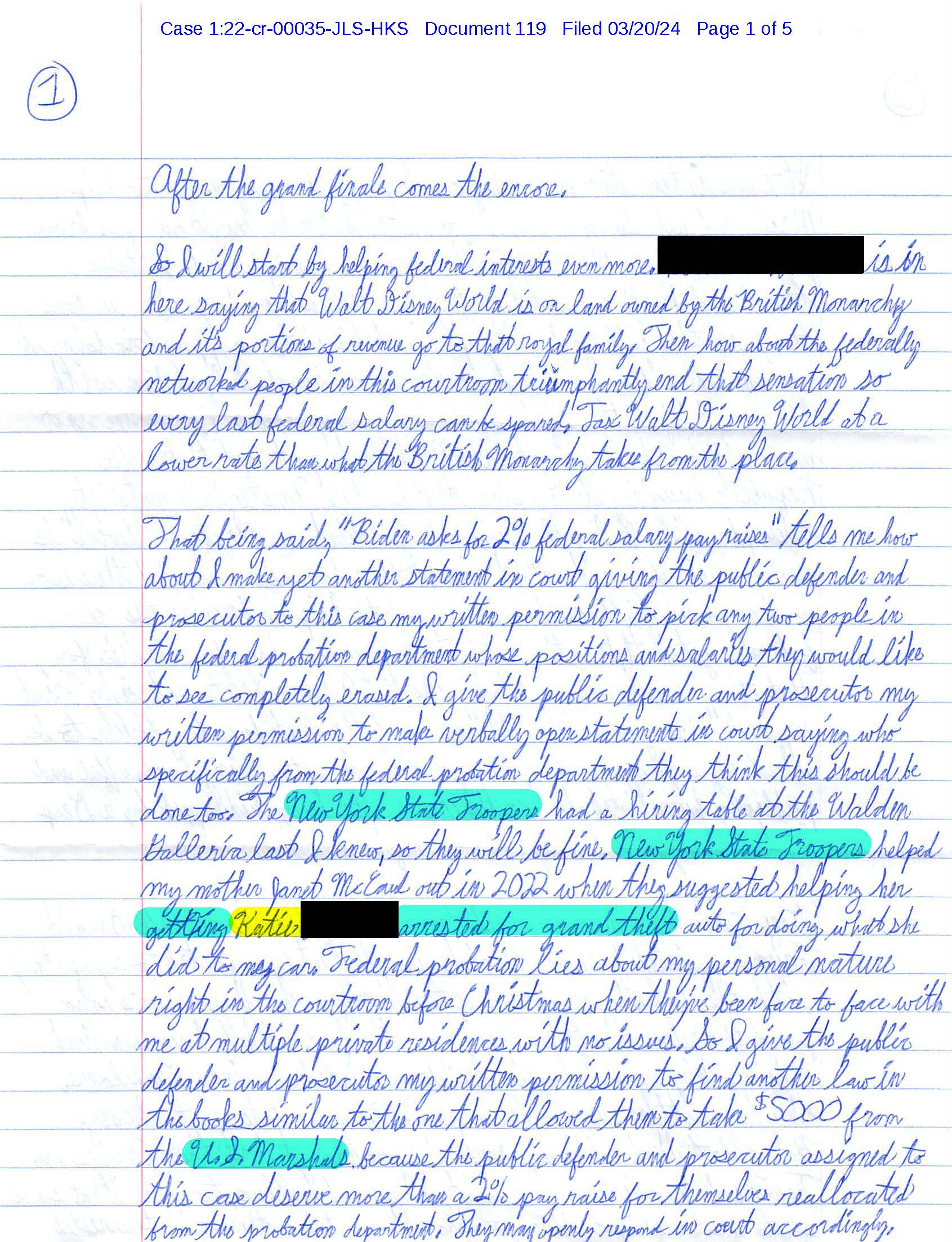 Page 1 of Luke Wenke’s March 20, 2024 letter discussing federal probation, prosecutors, New York State Troopers, his mother, and federal salaries.
