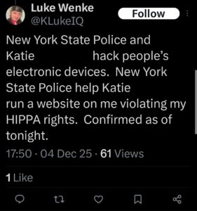 luke wenke katie valentine obsession x twitter screenshot false allegations hipaa violations