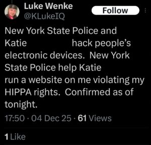 luke wenke katie valentine obsession x twitter screenshot false allegations hipaa violations