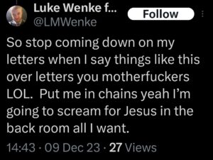 luke wenke x twitter screenshot letter writing obsession 2023