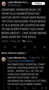 screenshot of a december 2023 Luke Wenke x/twitter post obsessing over stalking victim ryan teeter and denying mental illness