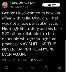 luke wenke racist george floyd tweet x twitter screenshot 2023