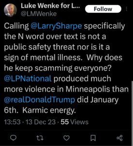 luke wenke larry sharpe racist tweet 2023
