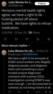 luke wenke x twitter screenshot resistance to mental health treatment 2023