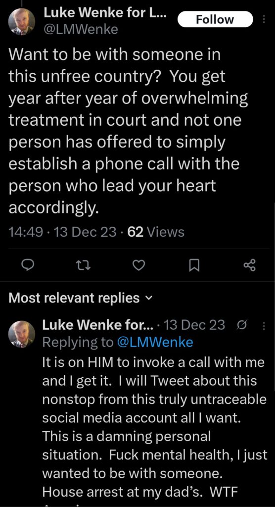 screenshot of a december 2023 luke wenke x/twitter post complaining about romantic rejection from benjamin ryan teeter