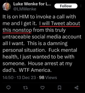 luke wenke x twitter screenshot ryan benjamin teeter obsession 2023