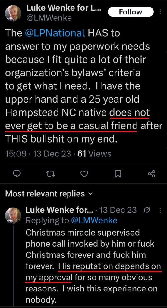 screenshot of a luke wenke x/twitter post demanding a romantic relationship with benjamin ryan teeter