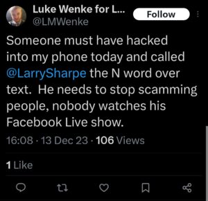 luke wenke x twitter screenshot racism larry sharpe libertarian n-word