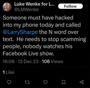 luke wenke x twitter screenshot racism larry sharpe libertarian n-word