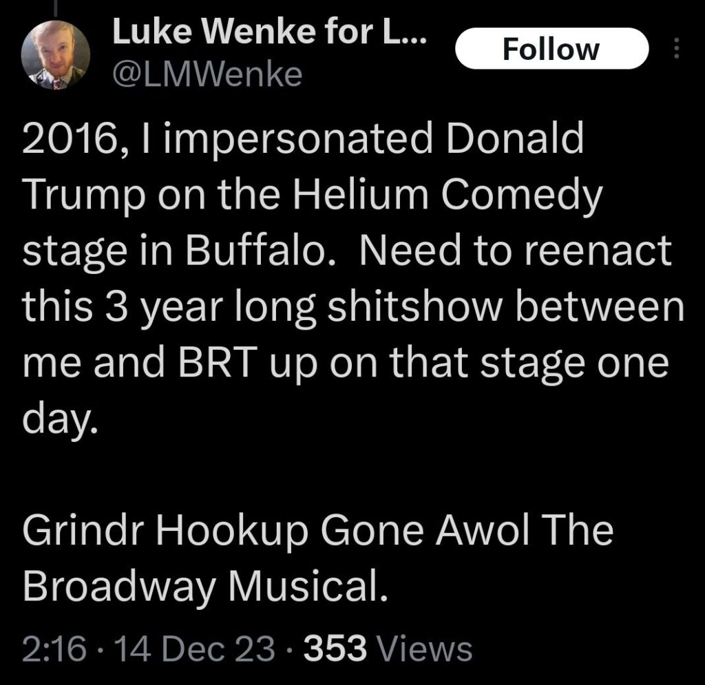screenshot of a 2023 x/twitter post by luke wenke fantasizing about benjamin ryan teeter