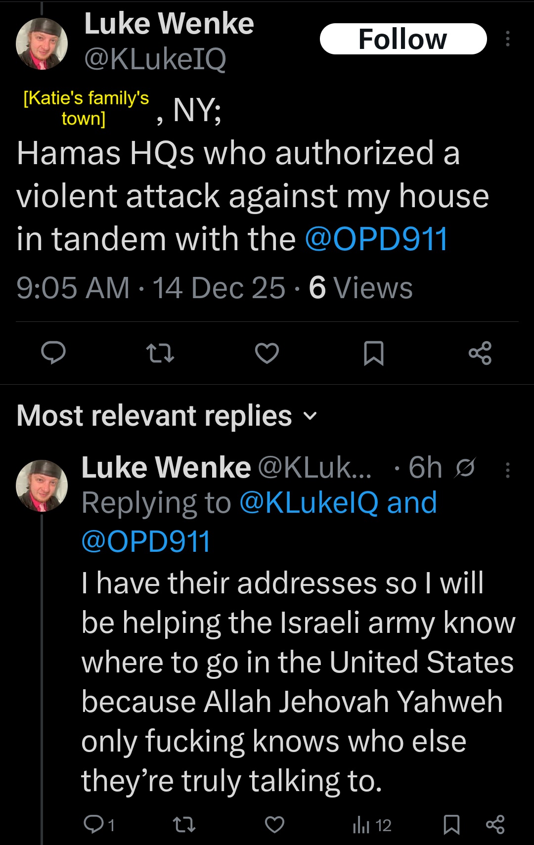 luke wenke falsely accuses stalking victim katie of destroying his house x/twitter screenshot december 2025