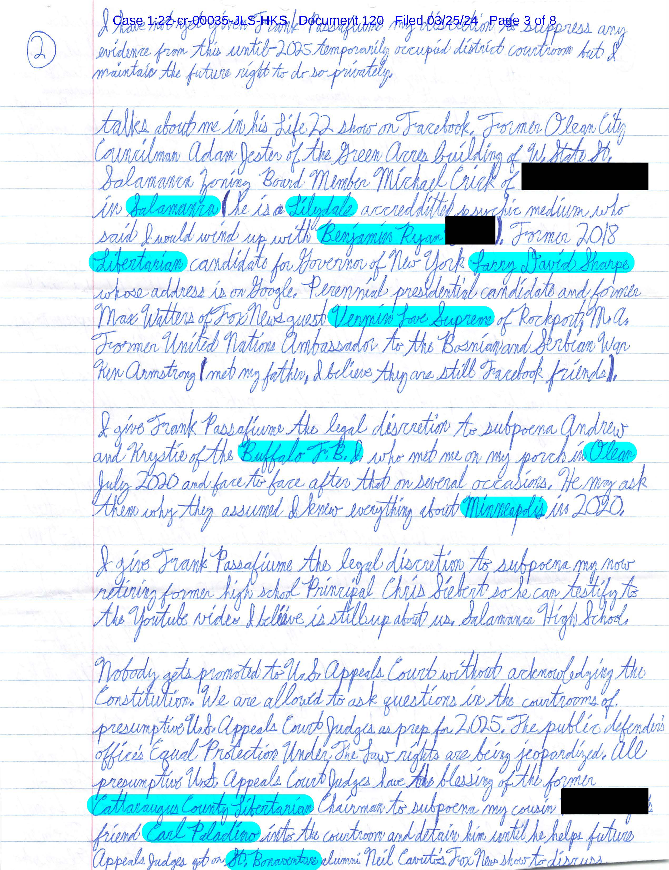 Luke Wenke’s March 25, 2024 letter discussing Donald Trump, subpoenas, relatives, George Borrello, Carl Paladino, and federal officials.
