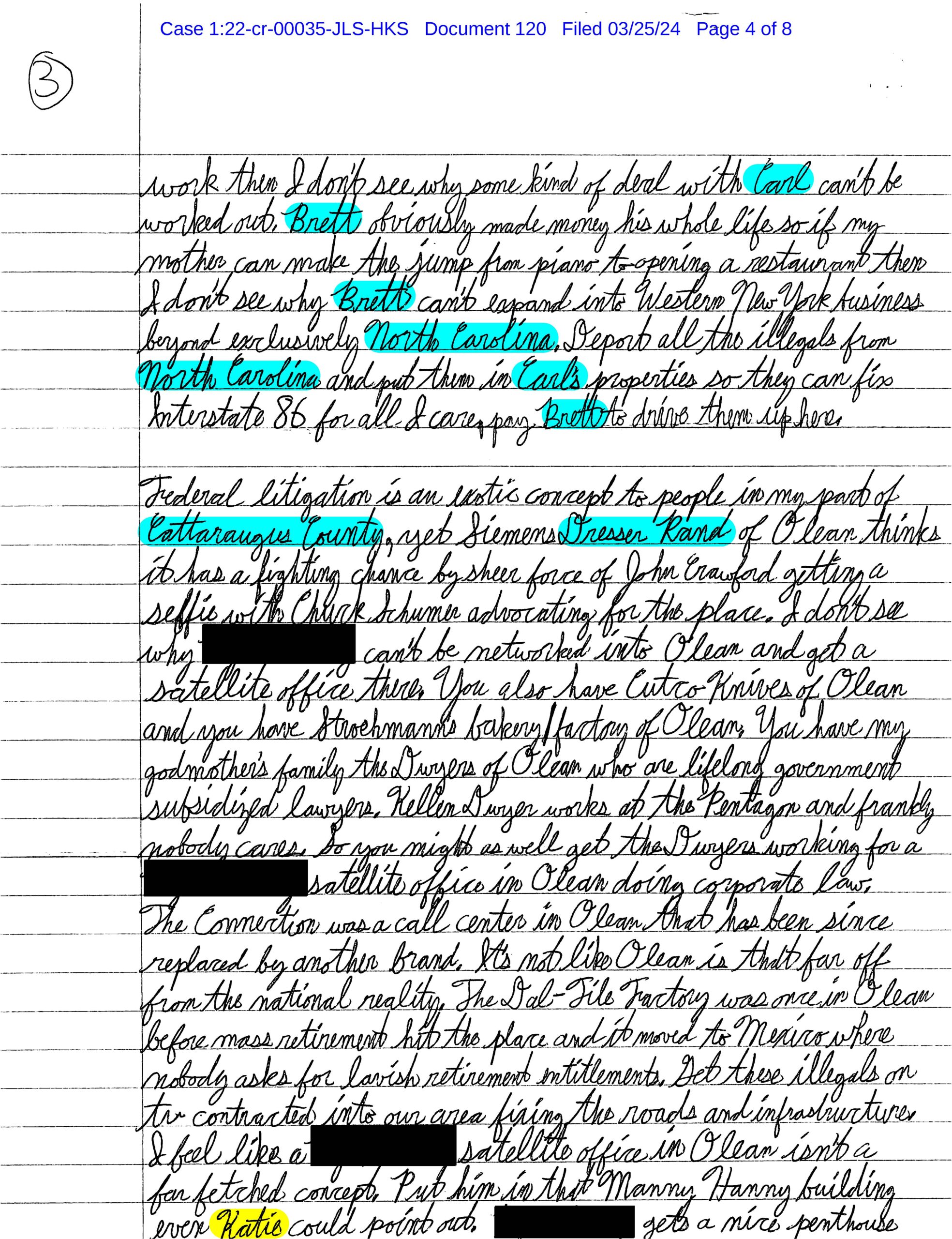 Luke Wenke’s March 25, 2024 letter discussing Olean, Cattaraugus County, North Carolina, Carl Paladino, Brett, and proposed business ventures.