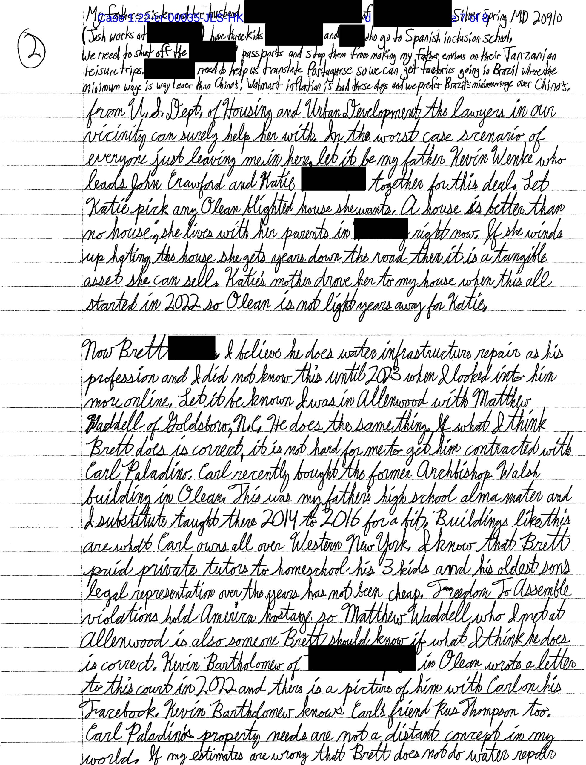 Luke Wenke’s March 25, 2024 letter proposing that Katie receive a blighted house in Olean and discussing his father, Brett, and Carl Paladino.