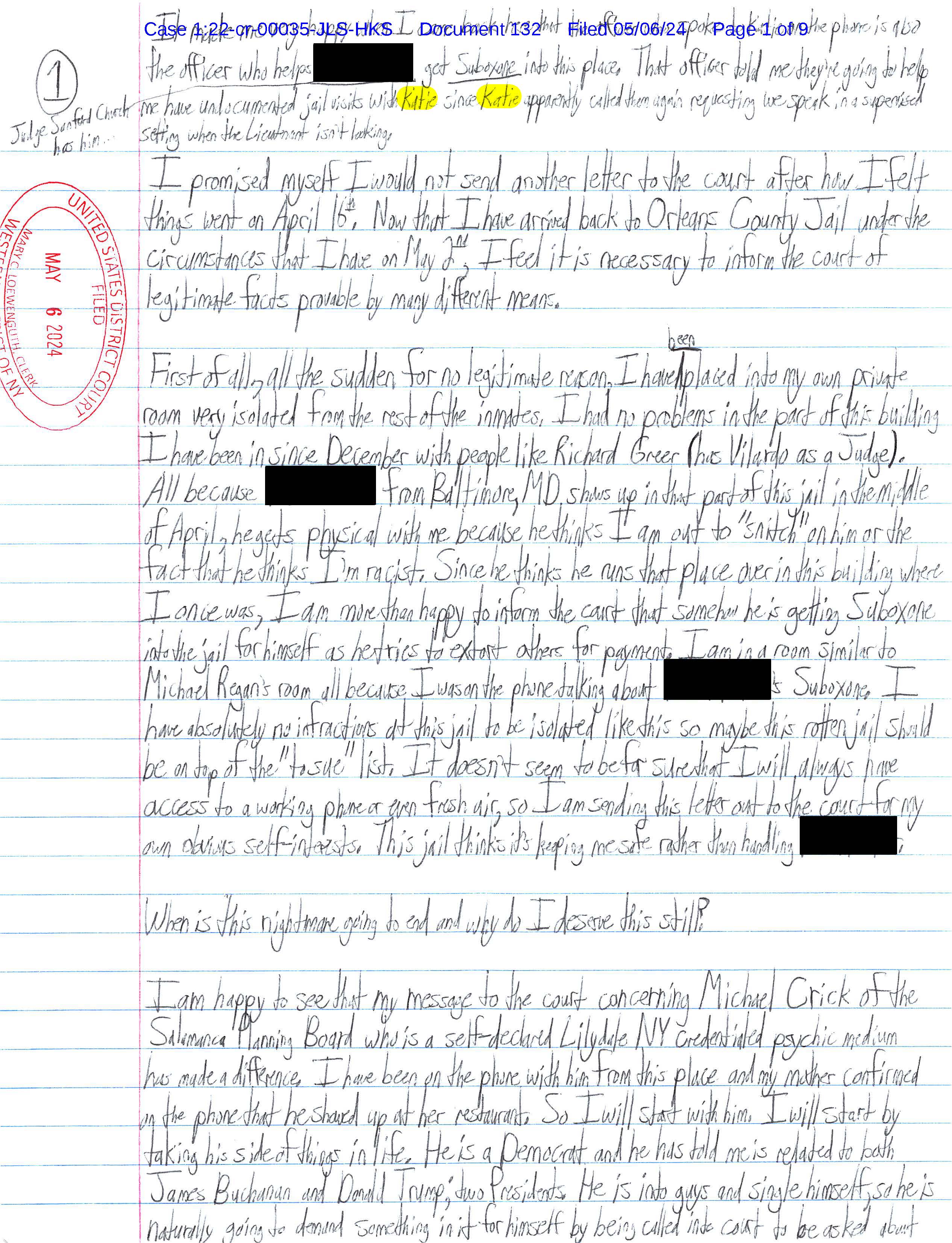 Page 1 of Luke Wenke’s handwritten May 2024 jail letter to federal court discussing his confinement, Suboxone, Michael Crick, and Salamanca.