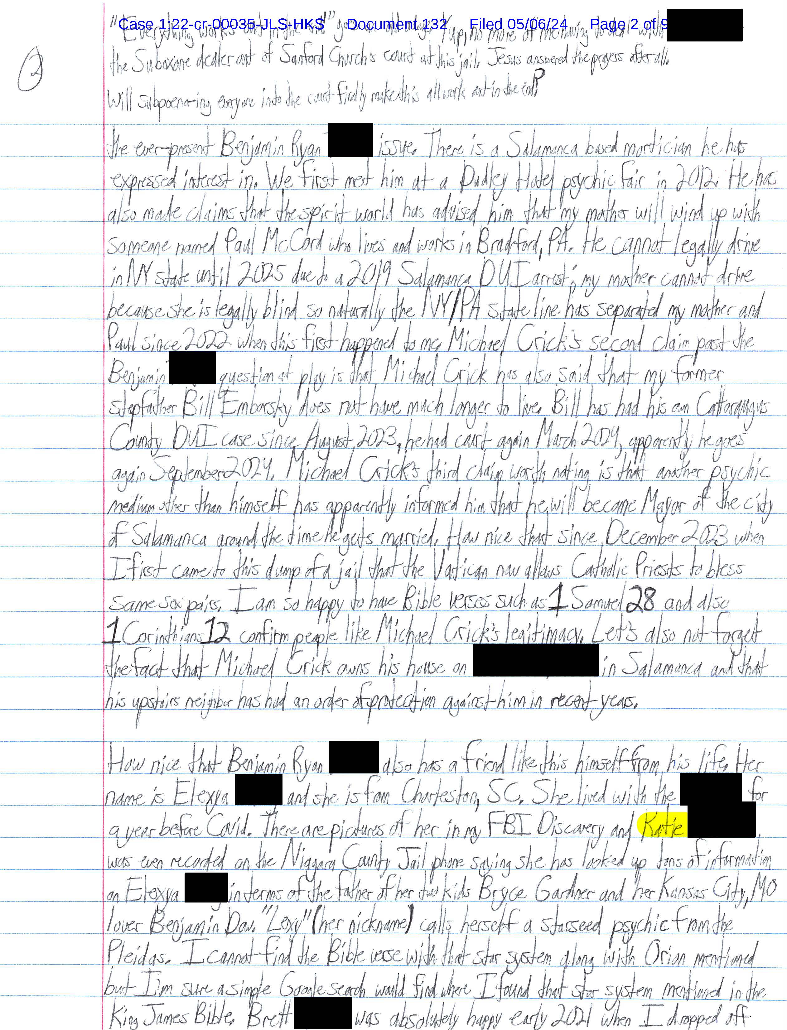 Page 2 of Luke Wenke’s handwritten May 2024 federal court letter discussing Benjamin Ryan Teeter, Michael Crick, alleged psychics, family members, and personal relationships.