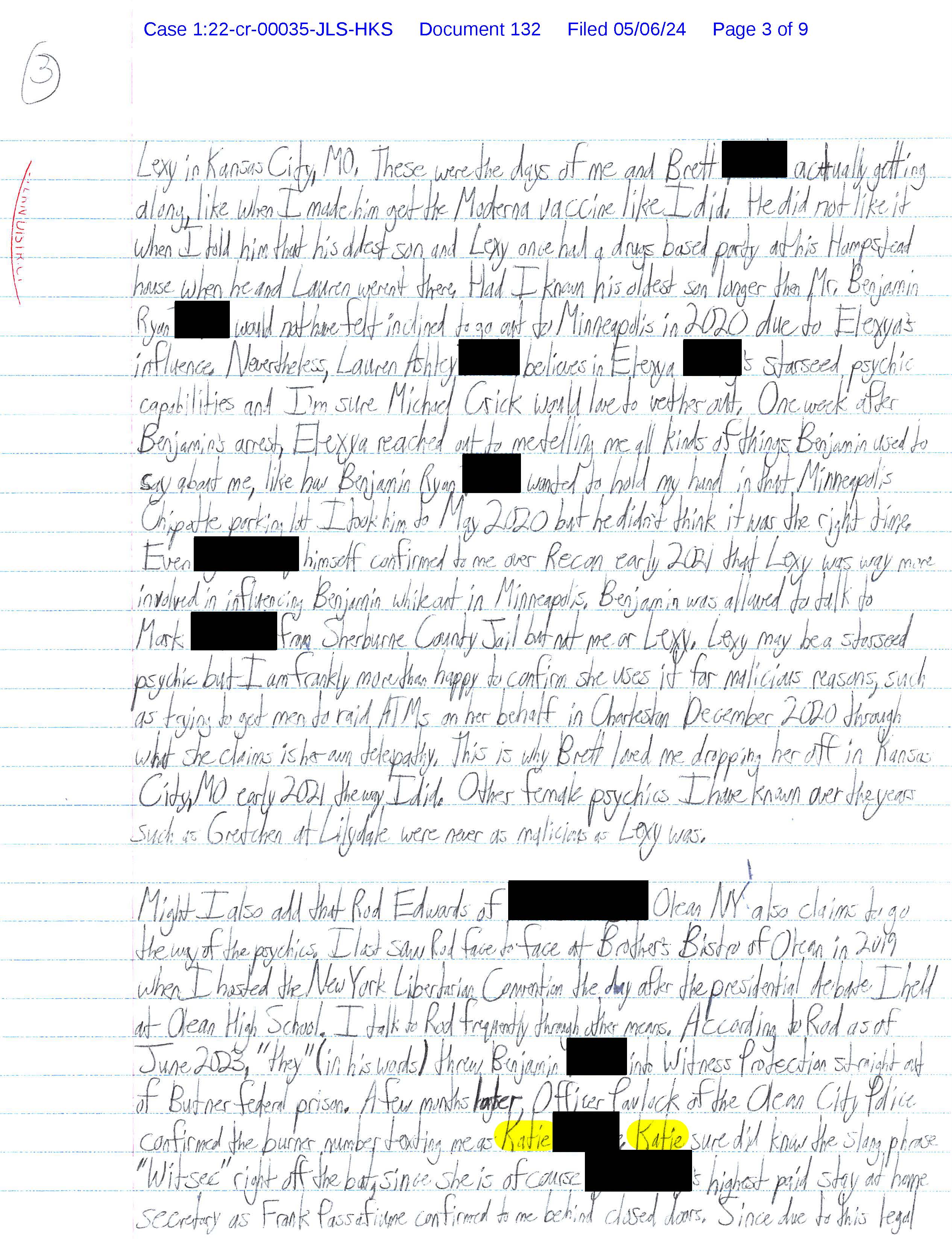 Page 3 of Luke Wenke’s handwritten May 2024 federal court letter discussing Benjamin Ryan Teeter, alleged psychics, Minneapolis, Kansas City, and Witness Protection.