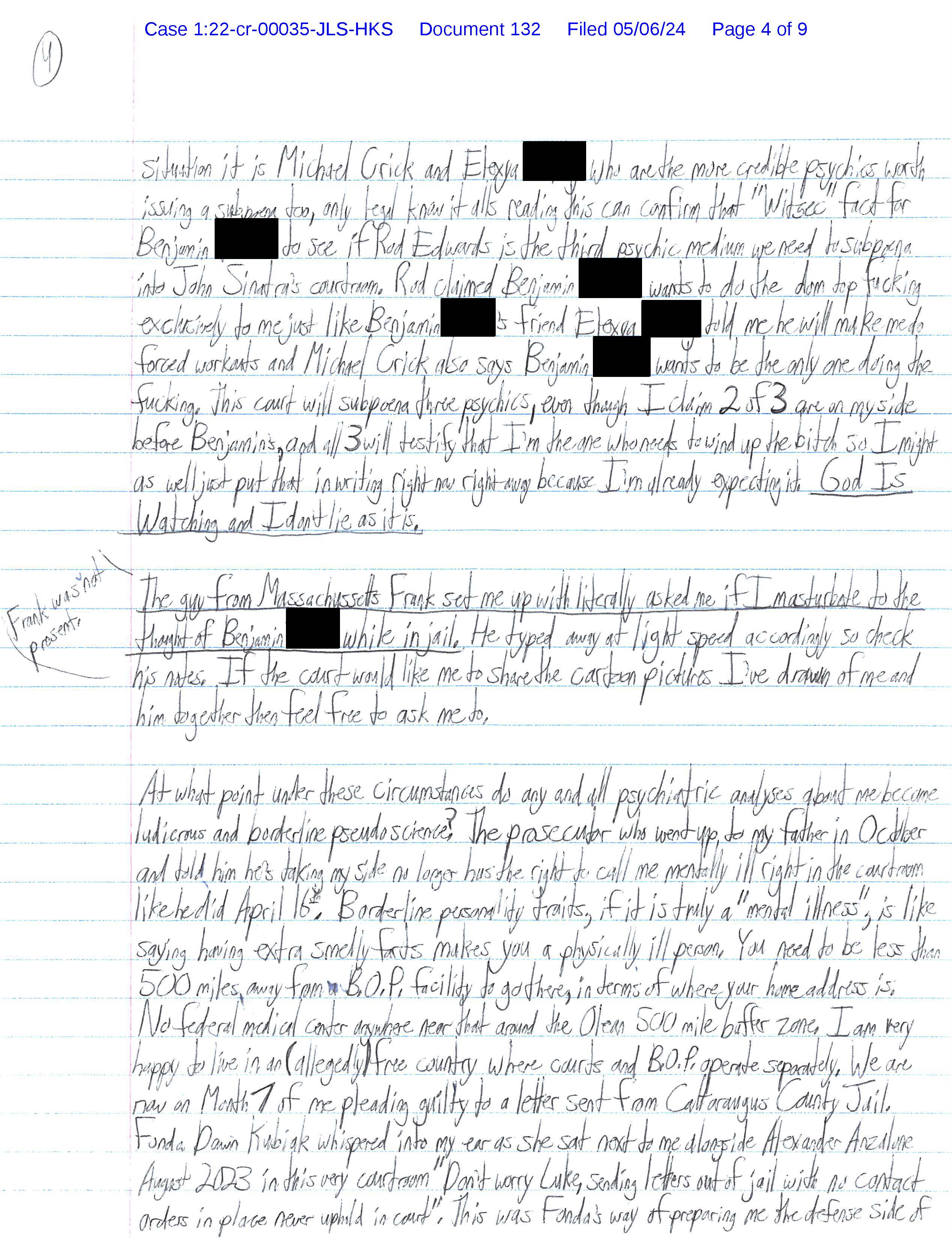 Page 4 of Luke Wenke’s handwritten May 2024 federal court letter discussing Benjamin Ryan Teeter, Michael Crick, alleged psychics, and psychiatric evaluations.