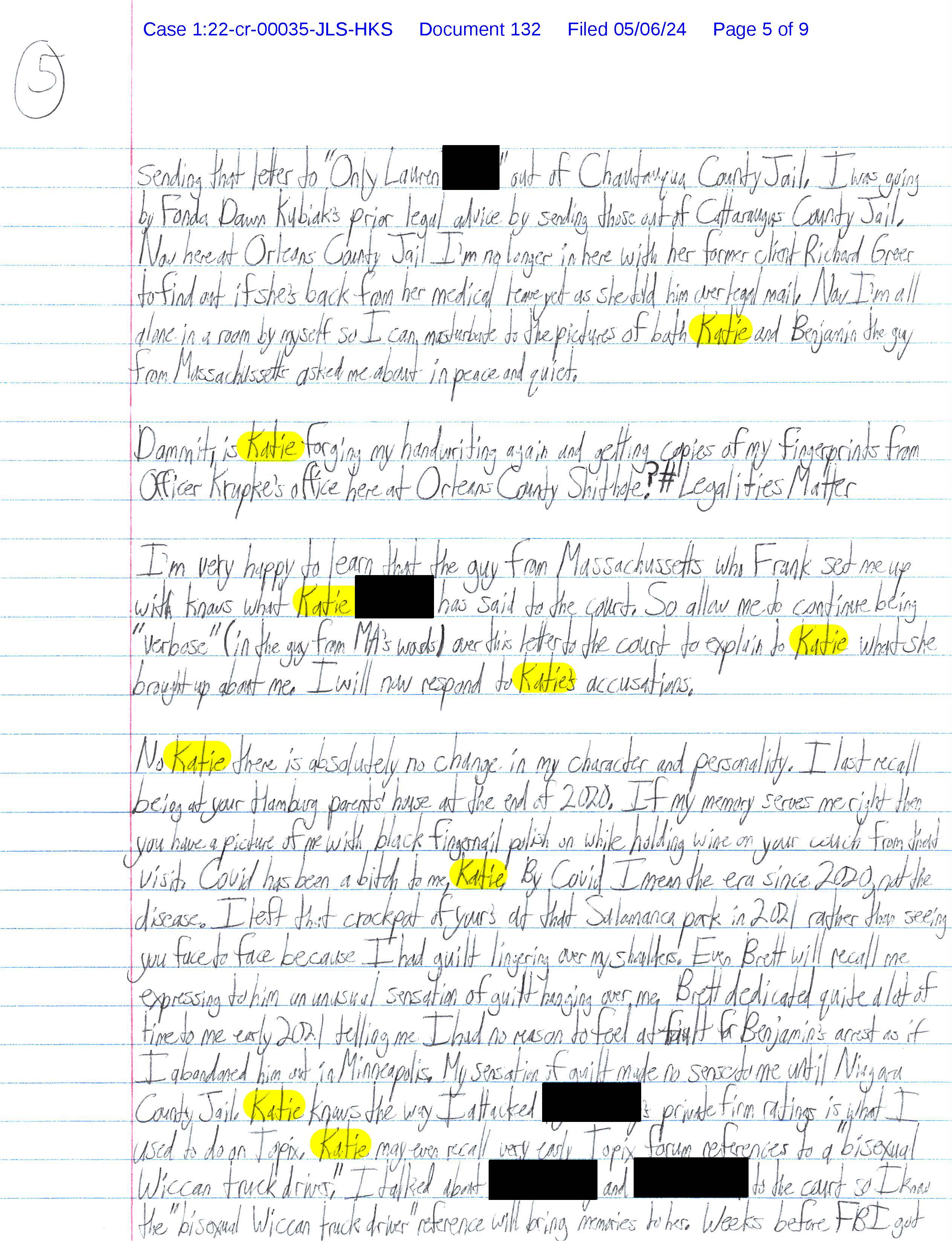 Page 5 of Luke Wenke’s handwritten May 2024 federal court letter repeatedly addressing Katie and discussing Benjamin Ryan Teeter, jail conditions, fingerprints, and personal grievances.