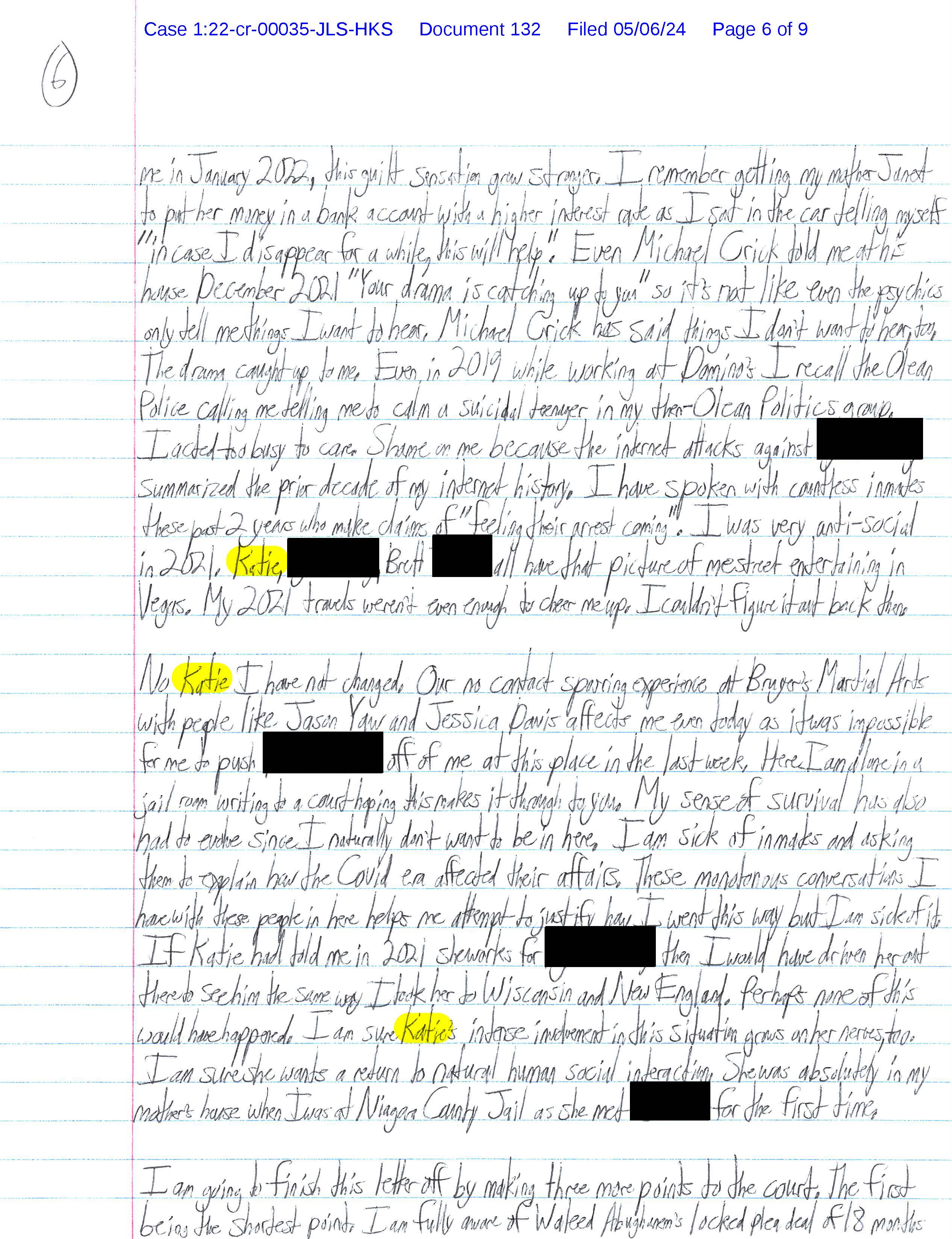 Page 6 of Luke Wenke’s handwritten May 2024 federal court letter repeatedly addressing Katie and discussing Michael Crick, COVID-era grievances, jail, and personal relationships.