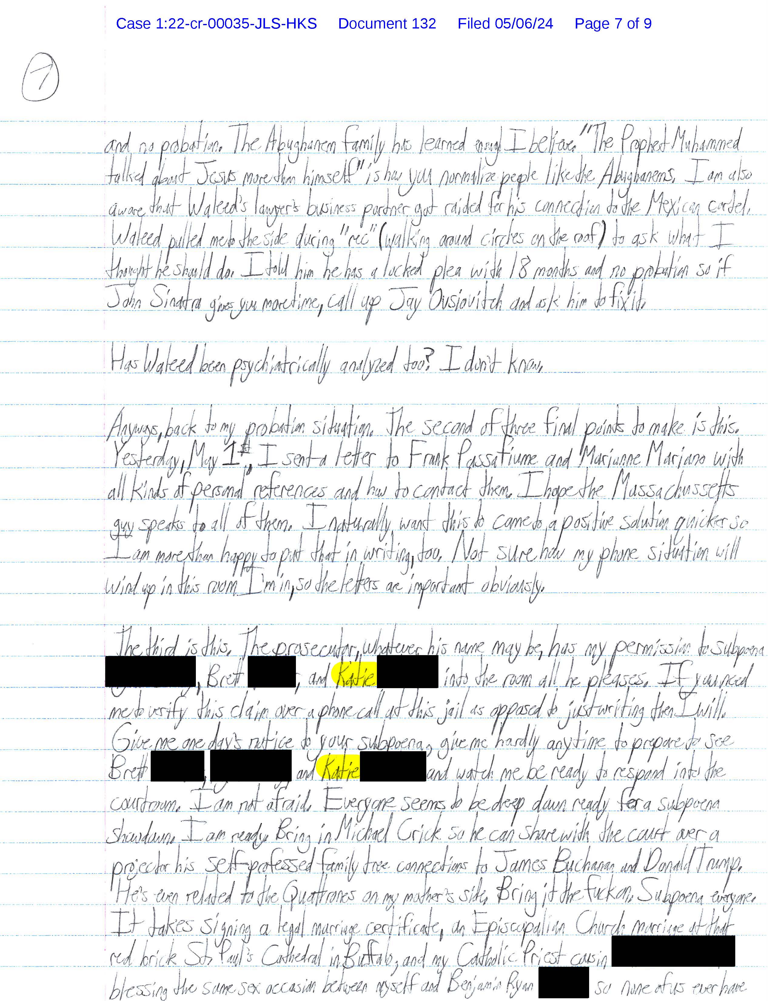 Page 7 of Luke Wenke’s handwritten May 2024 federal court letter discussing Katie, Michael Crick, subpoenas, probation, psychiatric analysis, and Benjamin Ryan Teeter.