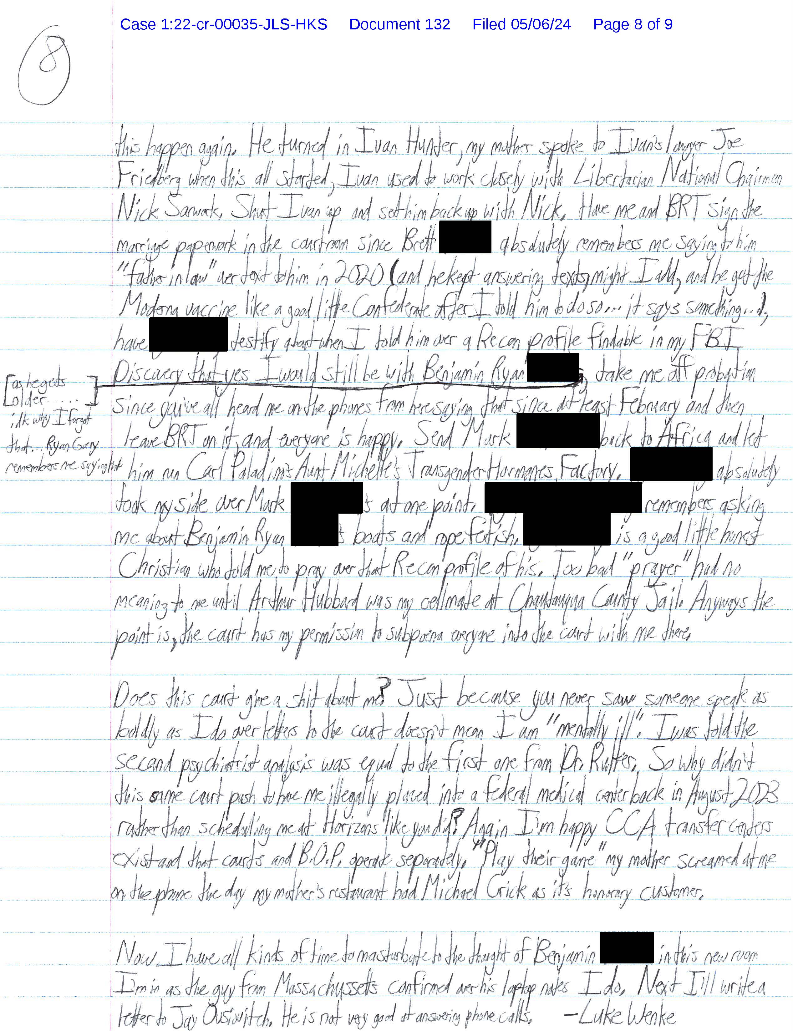 Page 8 of Luke Wenke’s handwritten May 2024 federal court letter repeatedly discussing Benjamin Ryan Teeter, subpoenas, probation, psychiatric evaluations, and personal relationships.