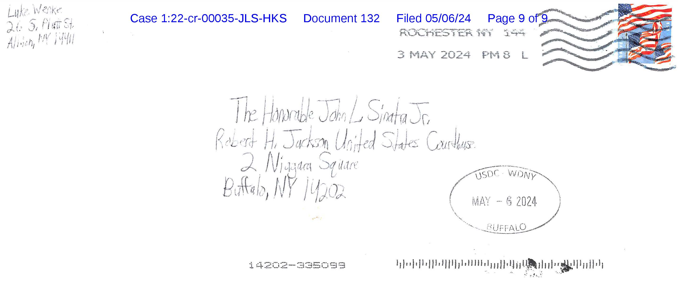 A handwritten letter from Luke Wenke to the Honorable John L. Sinatra, Jr.; 05/06/2024