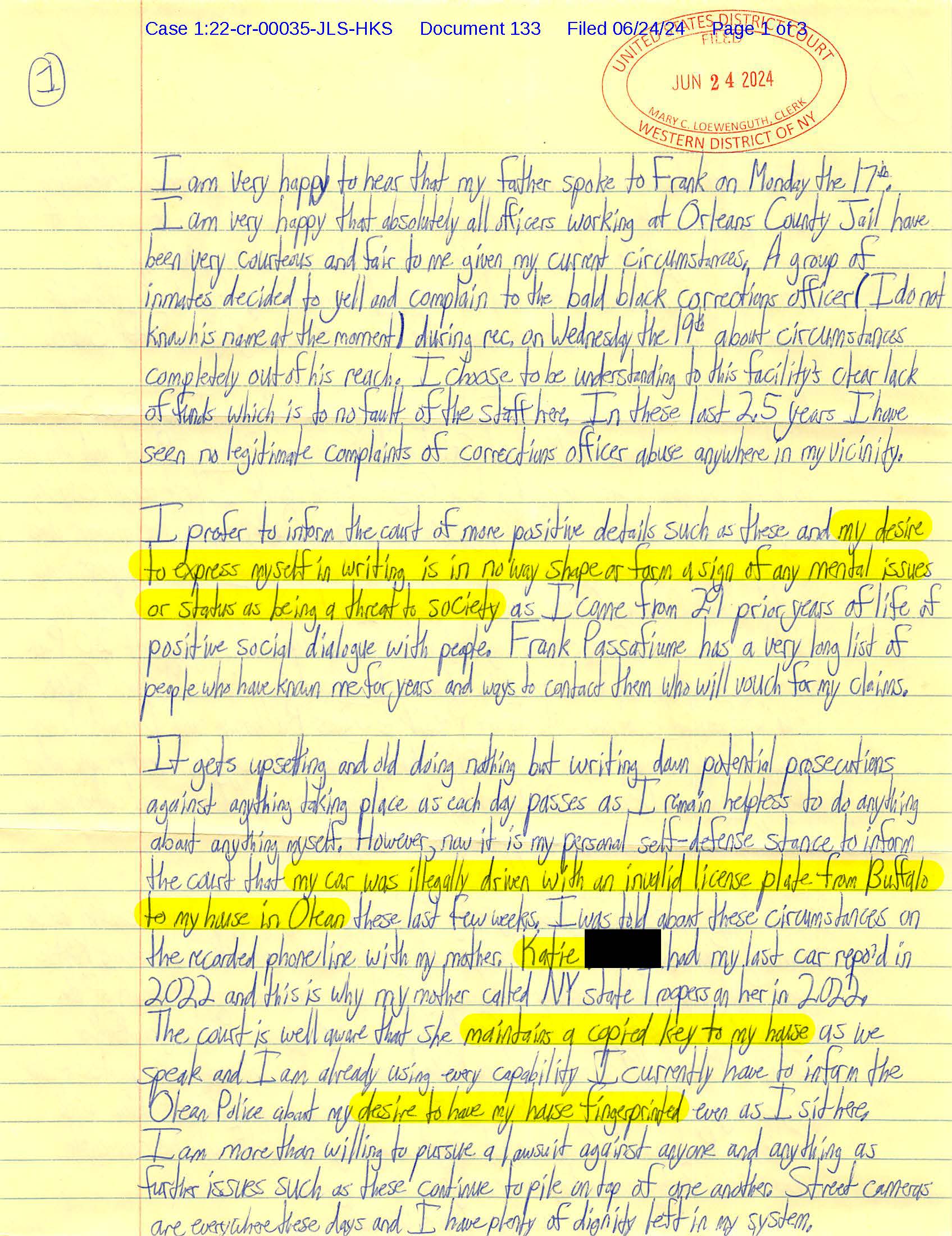 Page 1 of Luke Wenke’s June 2024 handwritten federal court letter discussing Katie, his mother, Olean Police, his house, and allegations involving his car.
