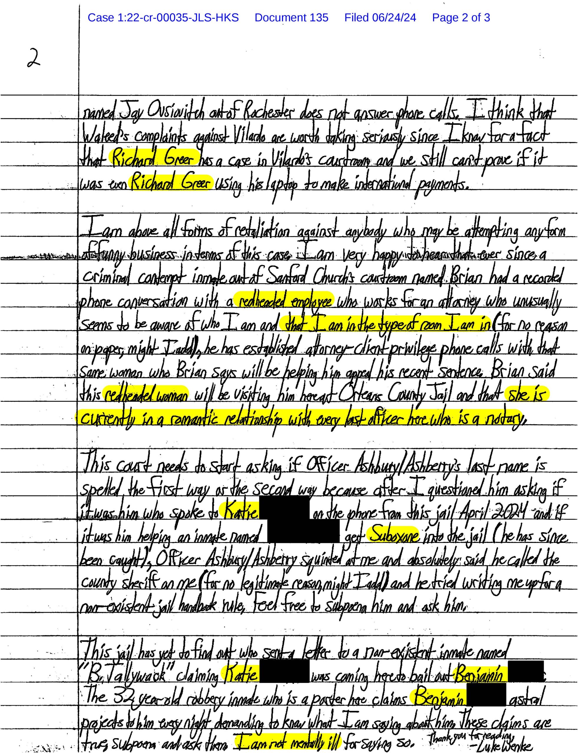 Page 2 of Luke Wenke’s June 2024 federal court letter discussing Katie, Benjamin, Orleans County Jail officers, Suboxone, and allegations involving other inmates.