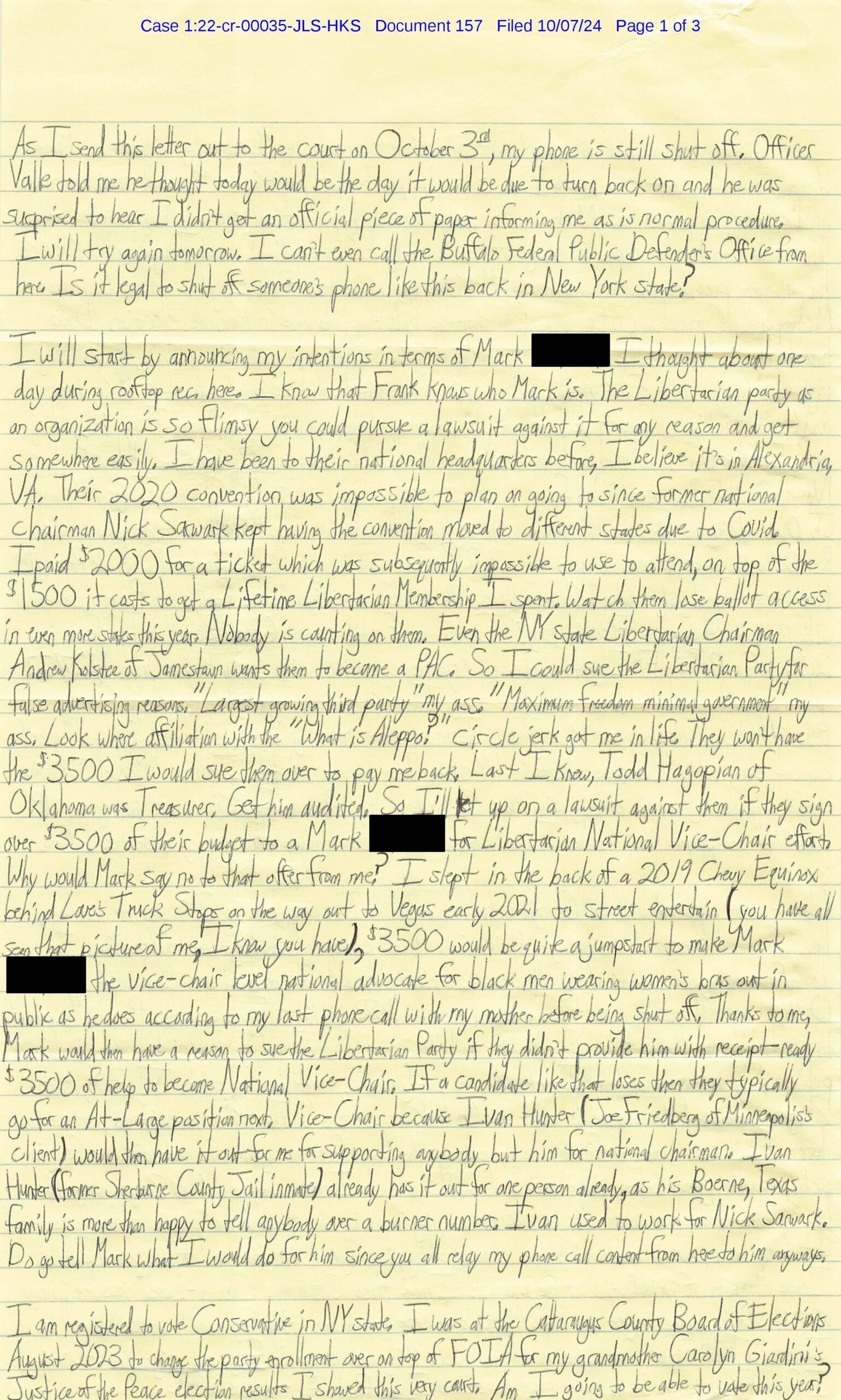 Page 1 of Luke Wenke’s October 7, 2024 handwritten court filing discussing his phone access, the Libertarian Party, proposed lawsuits, and voting.