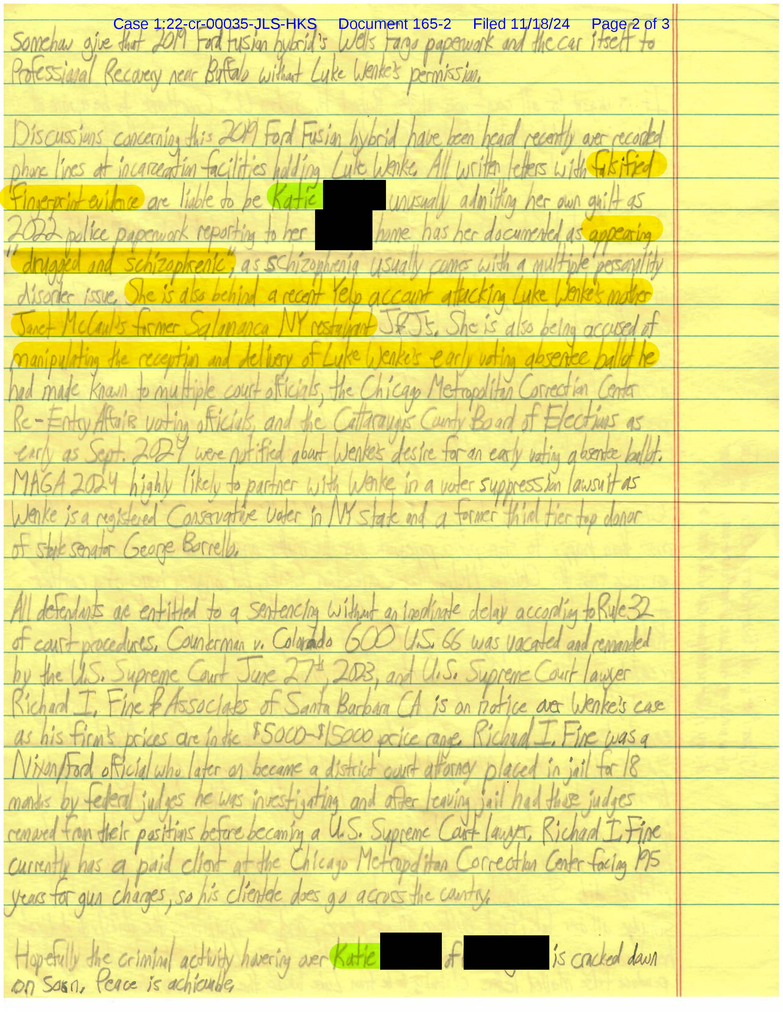 November 2024 court letter by Luke Wenke accusing Katie of falsifying evidence, manipulating his absentee ballot, and operating an online account.
