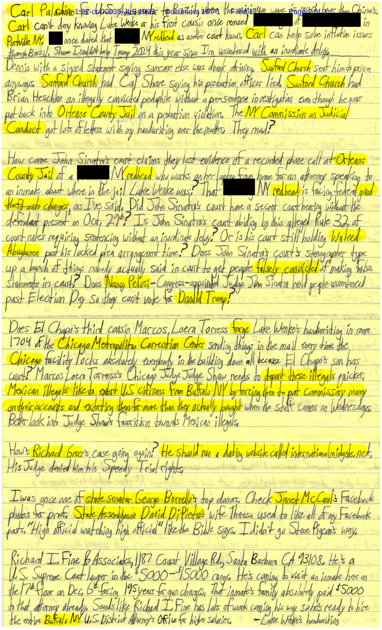 Page two of Luke Wenke’s handwritten letter to Judge Lawrence Vilardo alleging misconduct involving Judge John Sinatra’s court, Orleans County Jail, the NY Commission on Judicial Conduct, and Chicago jail officials.