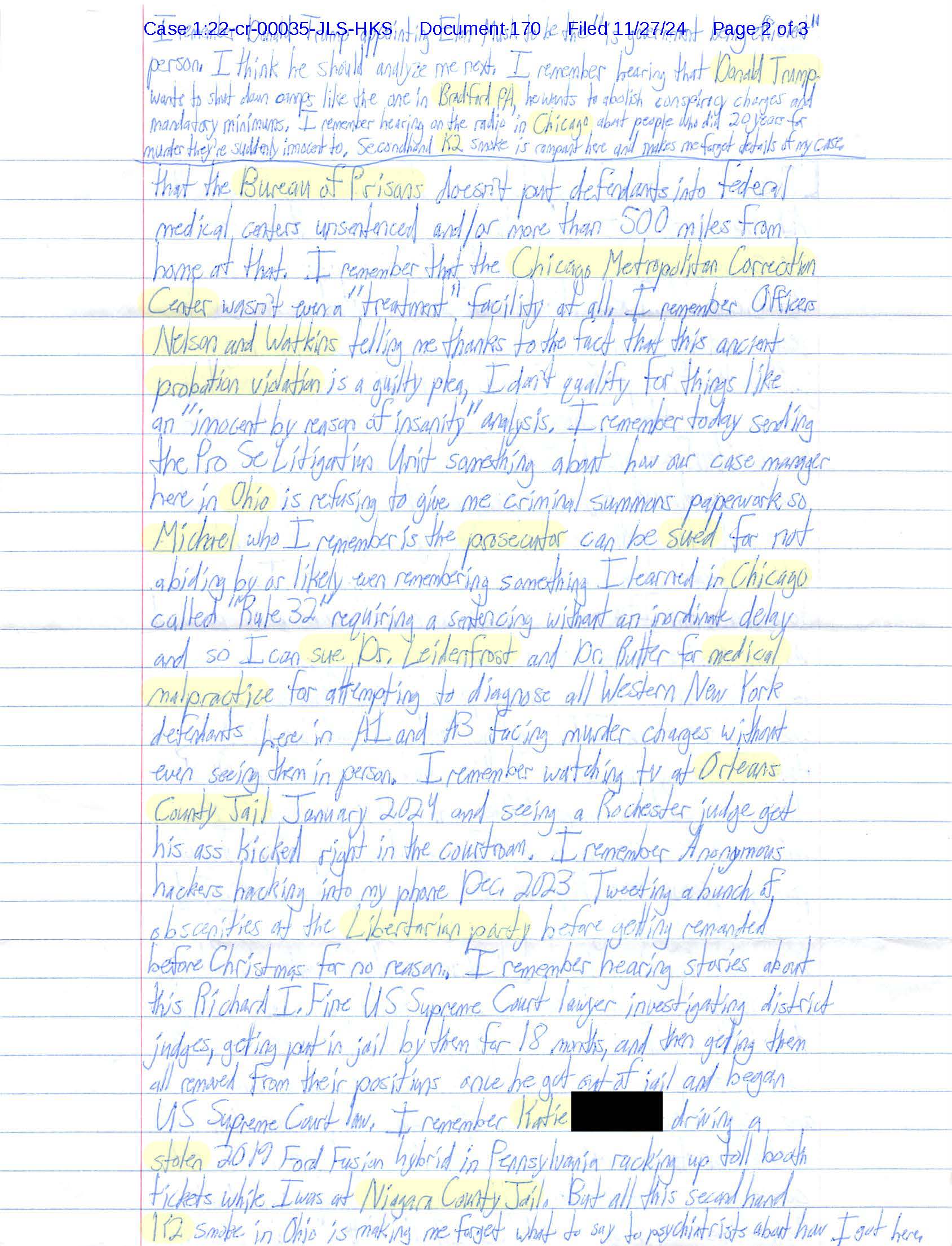 Page two of Luke Wenke’s November 27, 2024 letter to Judge John Sinatra alleging medical malpractice, discussing federal medical centers, Chicago jail experiences, and claiming anonymous hackers accessed his phone.