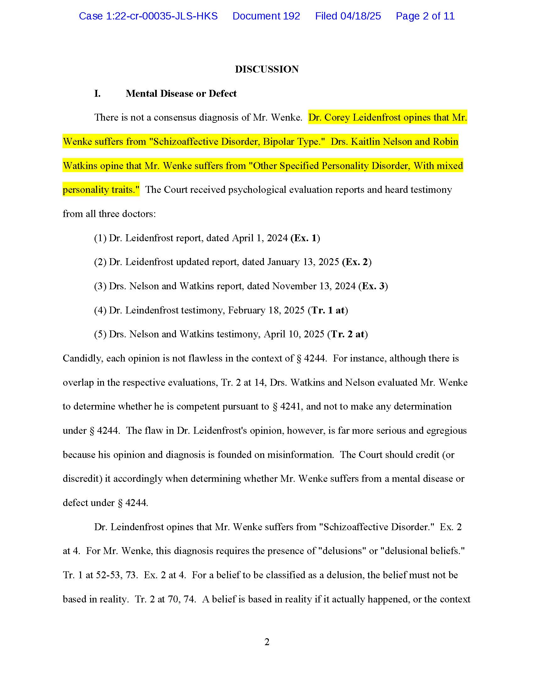 Page 2 of Luke Wenke’s April 2025 post-hearing brief describing conflicting evaluations of schizoaffective disorder and other specified personality disorder.