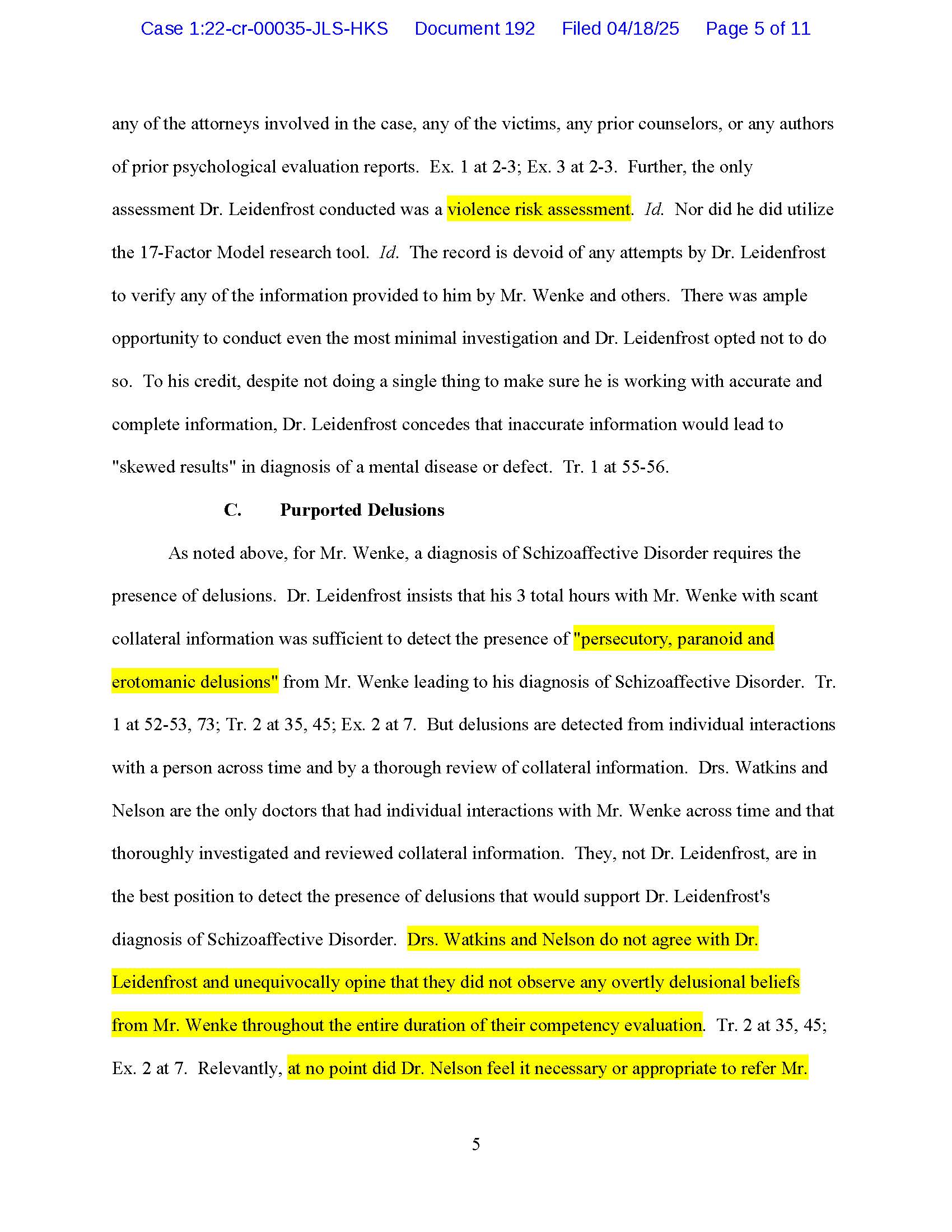 Page 5 of Luke Wenke’s April 2025 post-hearing brief disputing findings of persecutory, paranoid, and erotomanic delusions and comparing psychiatric opinions.