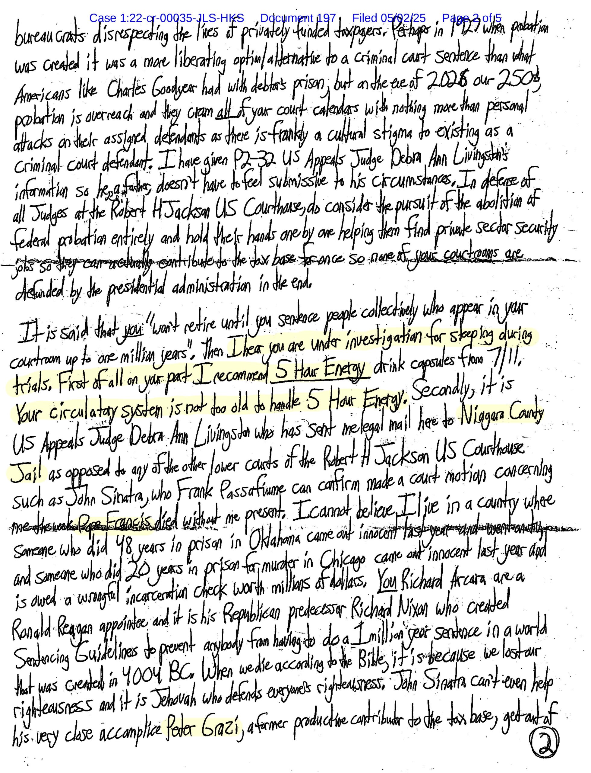 Page two of Luke Wenke’s letter to Judge Richard Arcara calling for the abolition of federal probation, criticizing judges and court practices, and discussing wrongful incarceration claims. The Luke Wenke Files