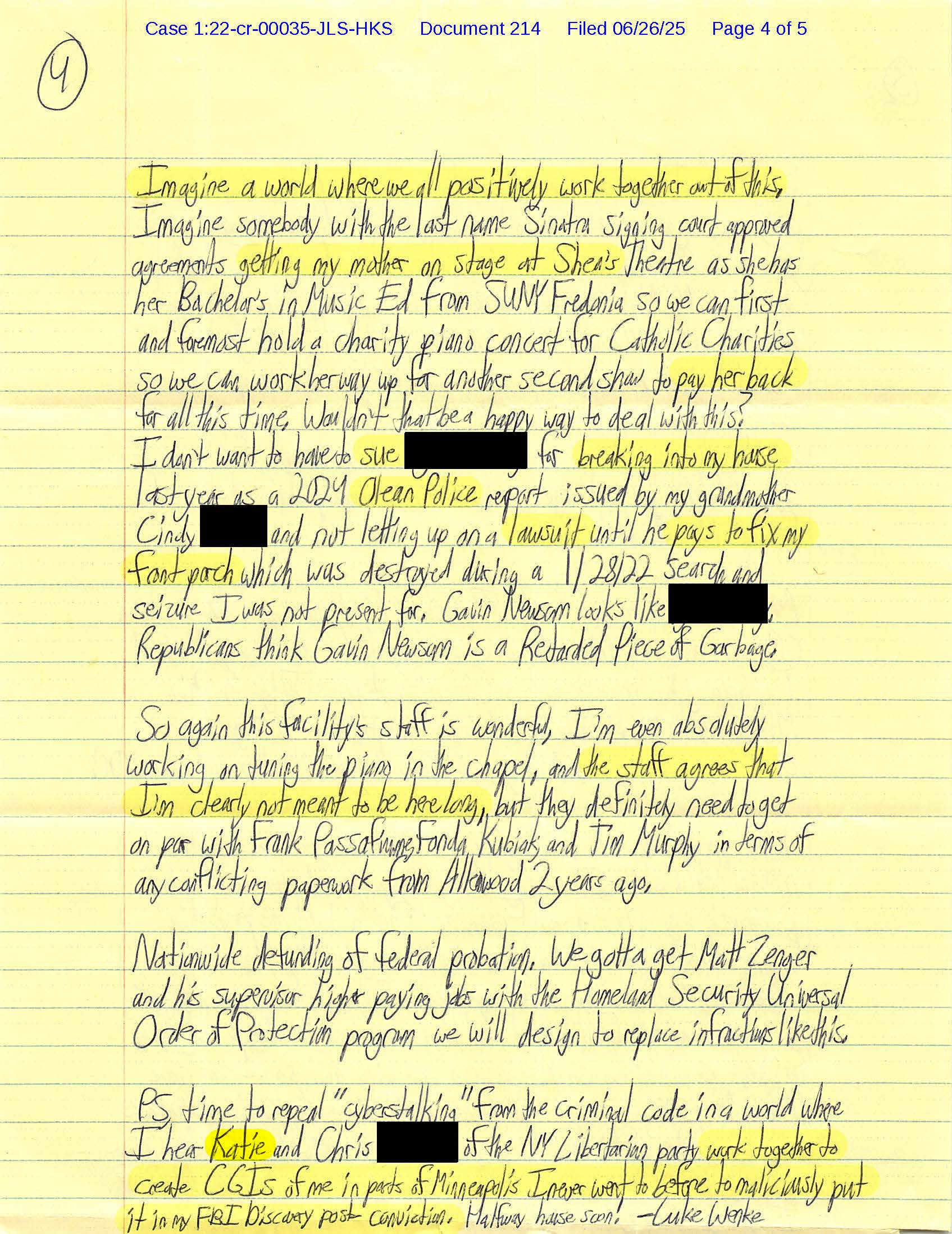 Page 4 of Luke Wenke’s handwritten letter discussing Judge John Sinatra, Katie, an Olean police report, alleged FBI contact, and federal probation.