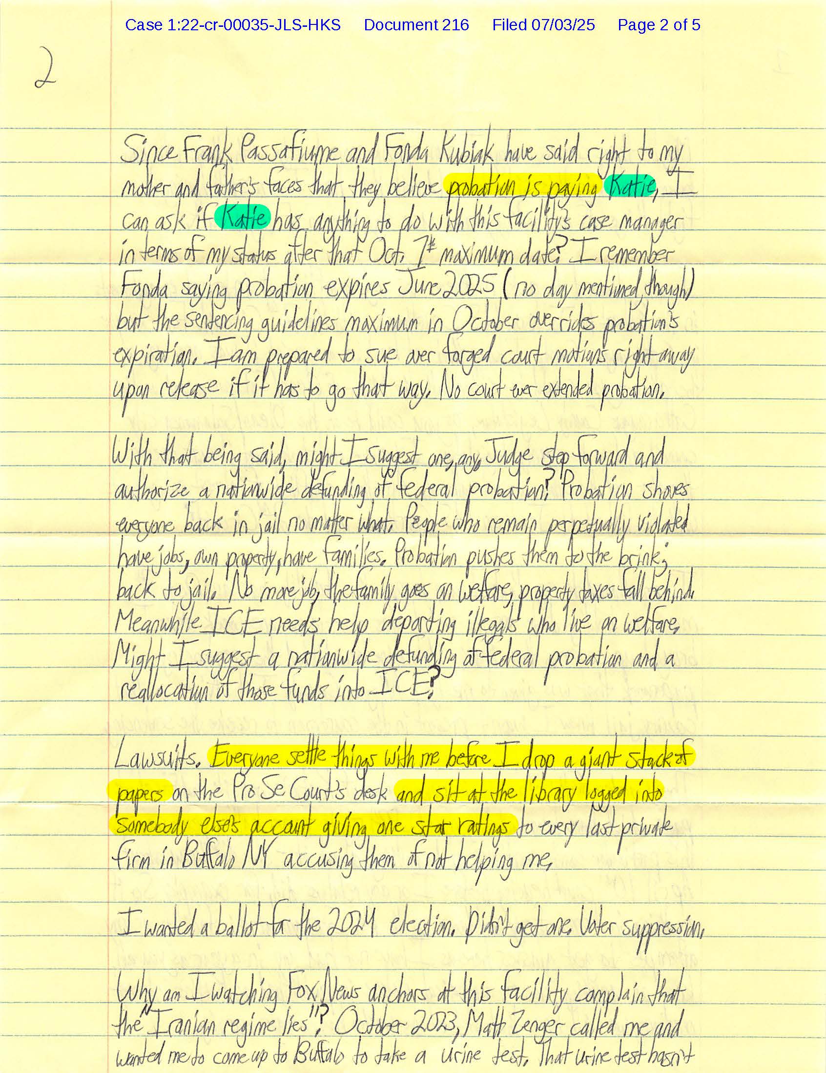 Page two of Luke Wenke’s handwritten Letter 216, filed July 3, 2025, in which he claims federal probation paid Katie, discusses his supervised release, and threatens lawsuits against individuals he accuses of stalking him.