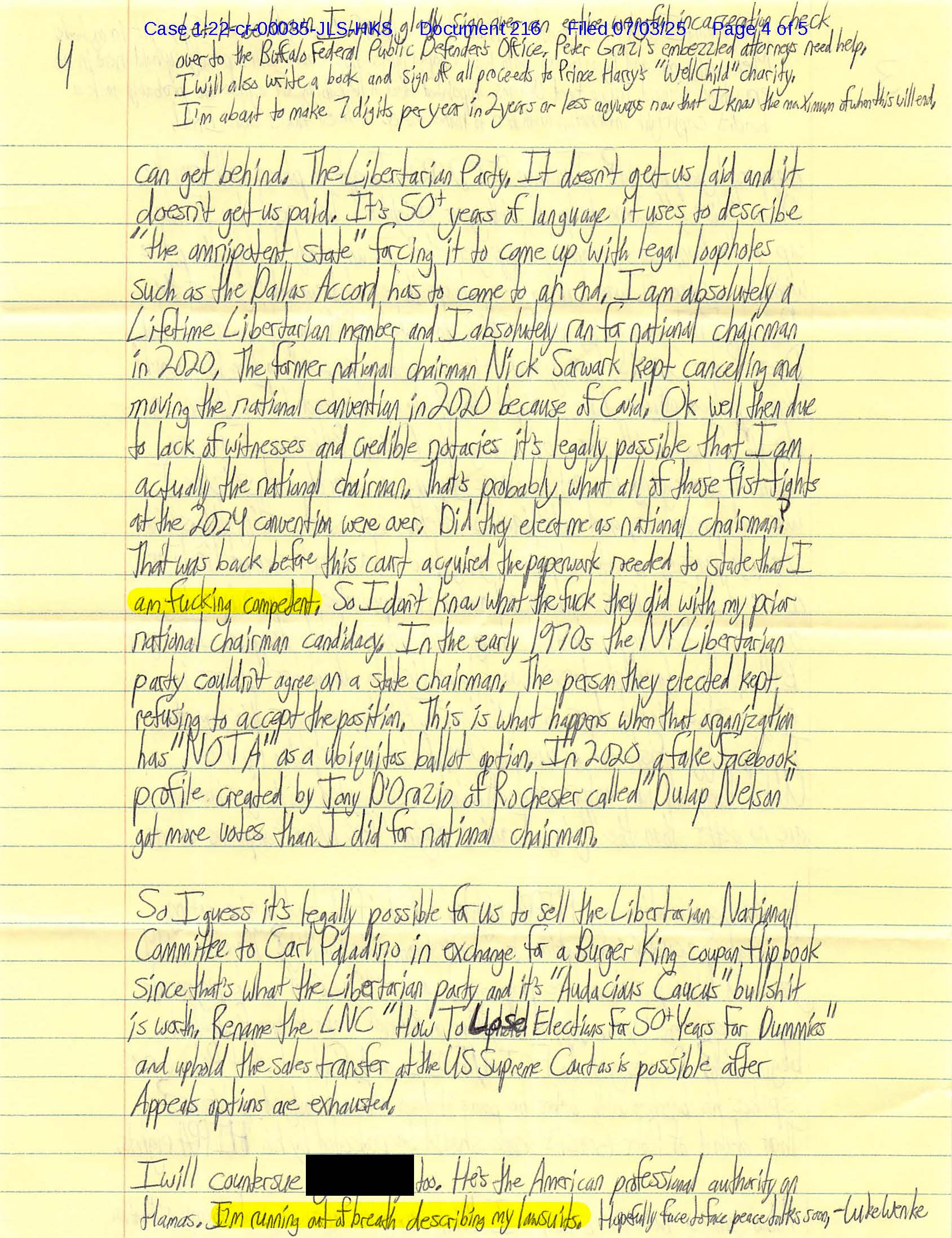 Page four of Luke Wenke’s handwritten Letter 216, filed July 3, 2025, in which he discusses the Libertarian Party, claims he was denied a party leadership position, proposes selling the Libertarian National Committee to Carl Paladino, and mentions a lawsuit.