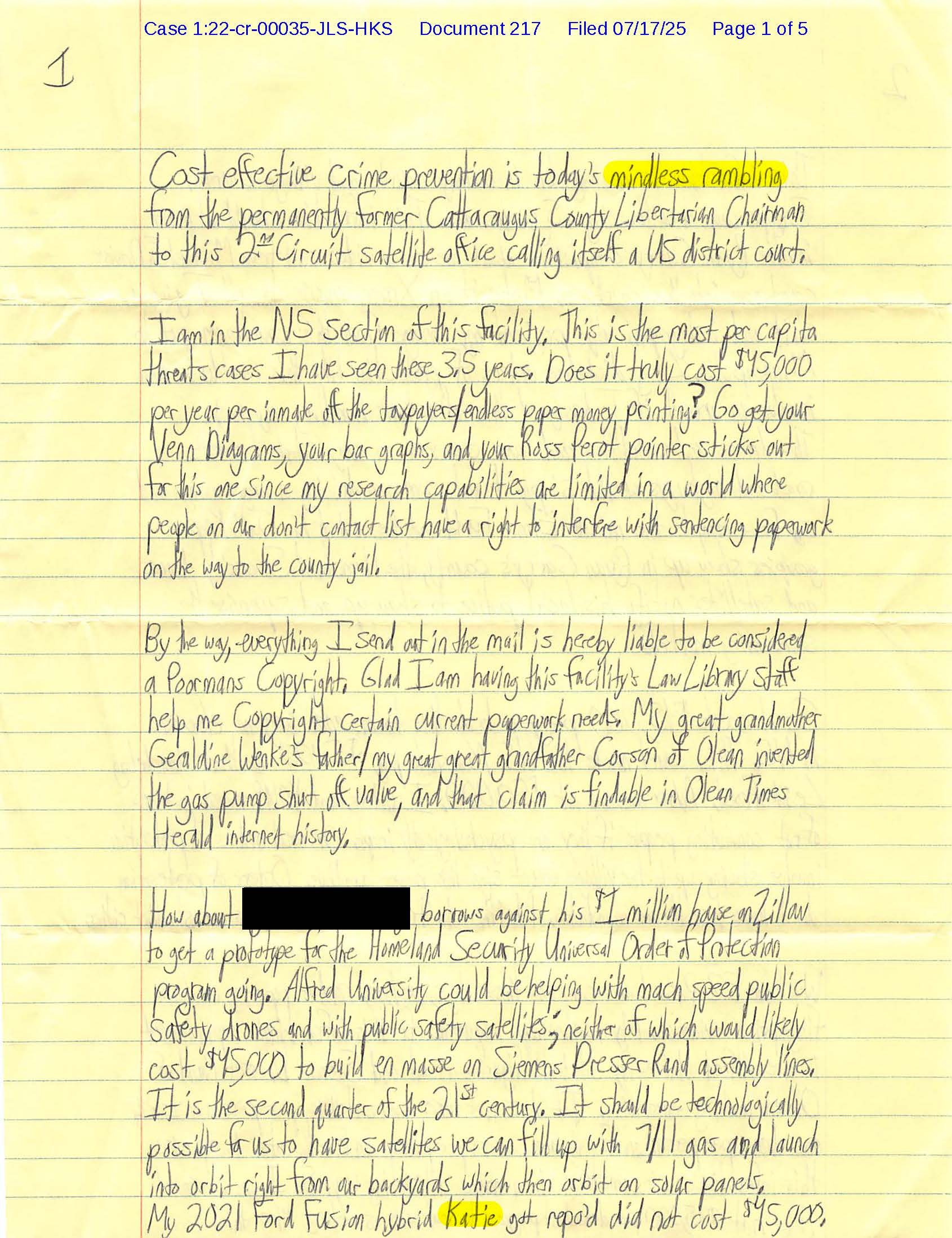 Page 1 of Luke Wenke's handwritten July 2025 letter to the federal court, filed as Document 217, proposing satellite surveillance as a crime prevention strategy. Wenke discusses monitoring people with satellite technology, government spending, and a proposed Homeland Security protection program.