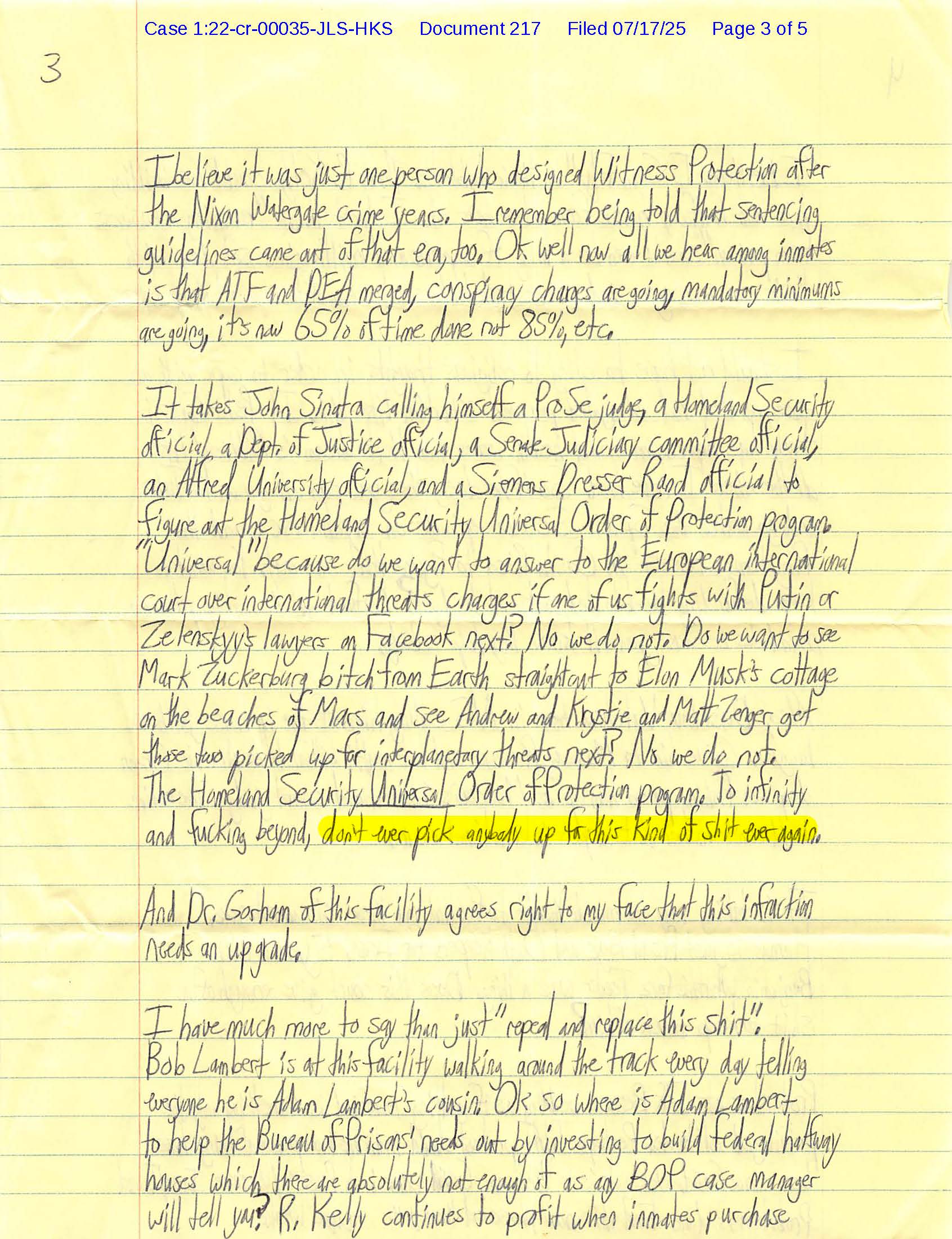 Page 3 of Luke Wenke's handwritten July 2025 federal court letter, filed as Document 217, discussing Judge John Sinatra, witness protection, Homeland Security, satellite surveillance, and a proposed federal security program. Wenke also references prison officials and criticizes the Bureau of Prisons.